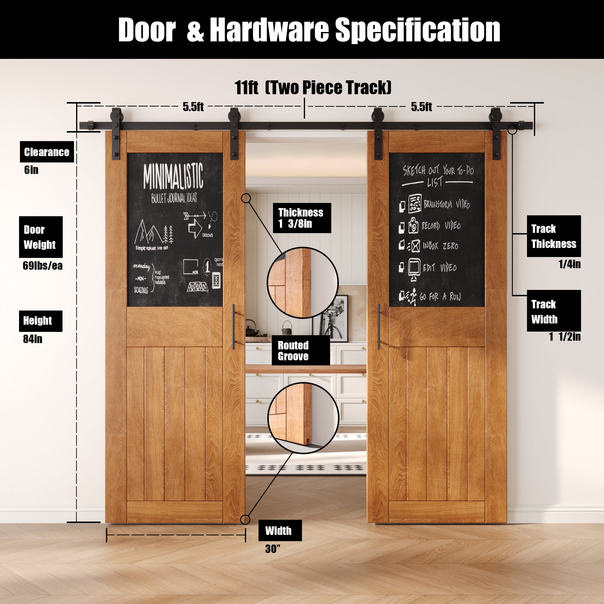 84" Height Early American Top Chalkboard Panel Double Unassembled & Finished Pine Wood Barn Doors with Non-Bypass Installation Hardware Kit (Interior Use Only)