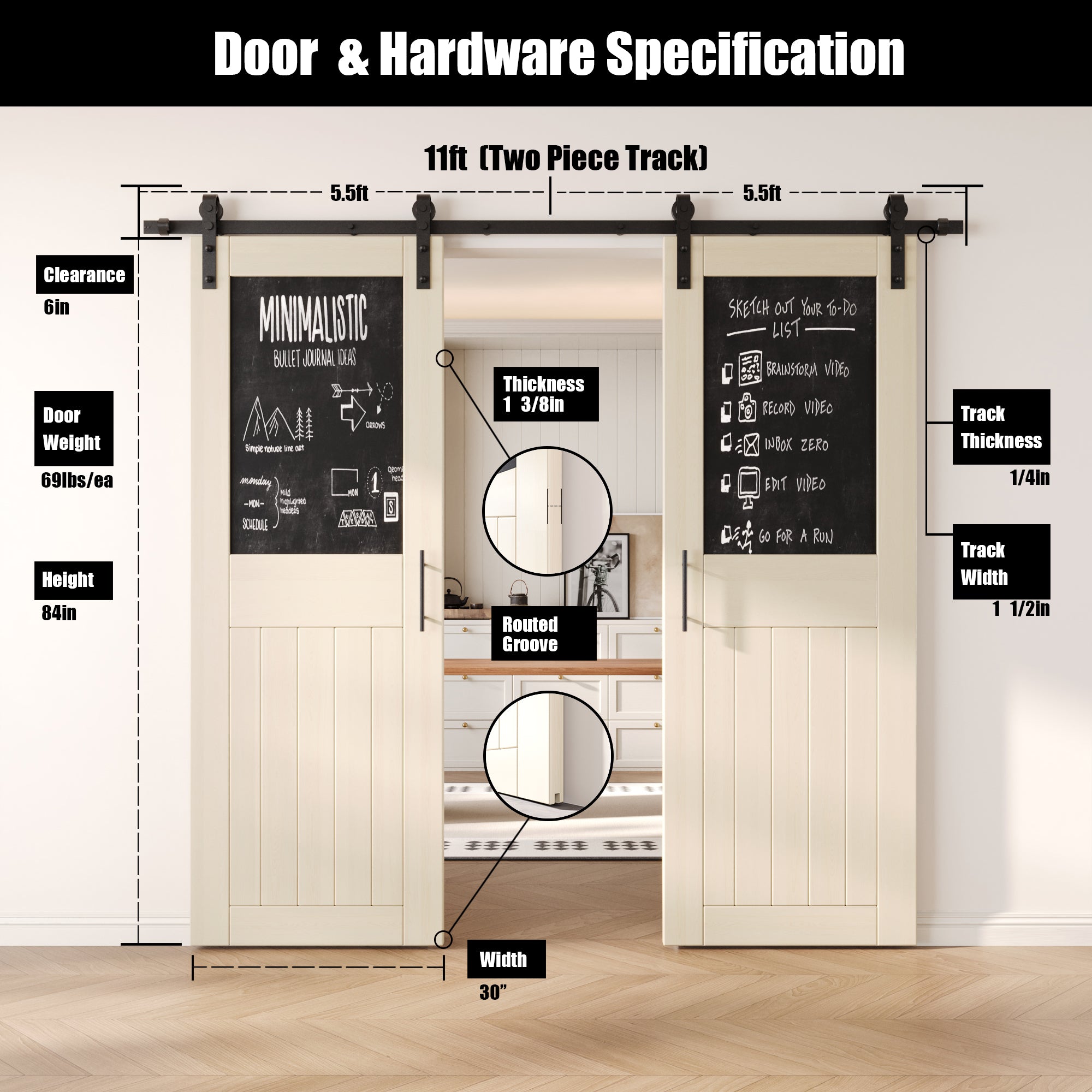 84" Height Tinsmith Gray Top Chalkboard Panel Double Unassembled & Finished Pine Wood Barn Doors with Non-Bypass Installation Hardware Kit (Interior Use Only)