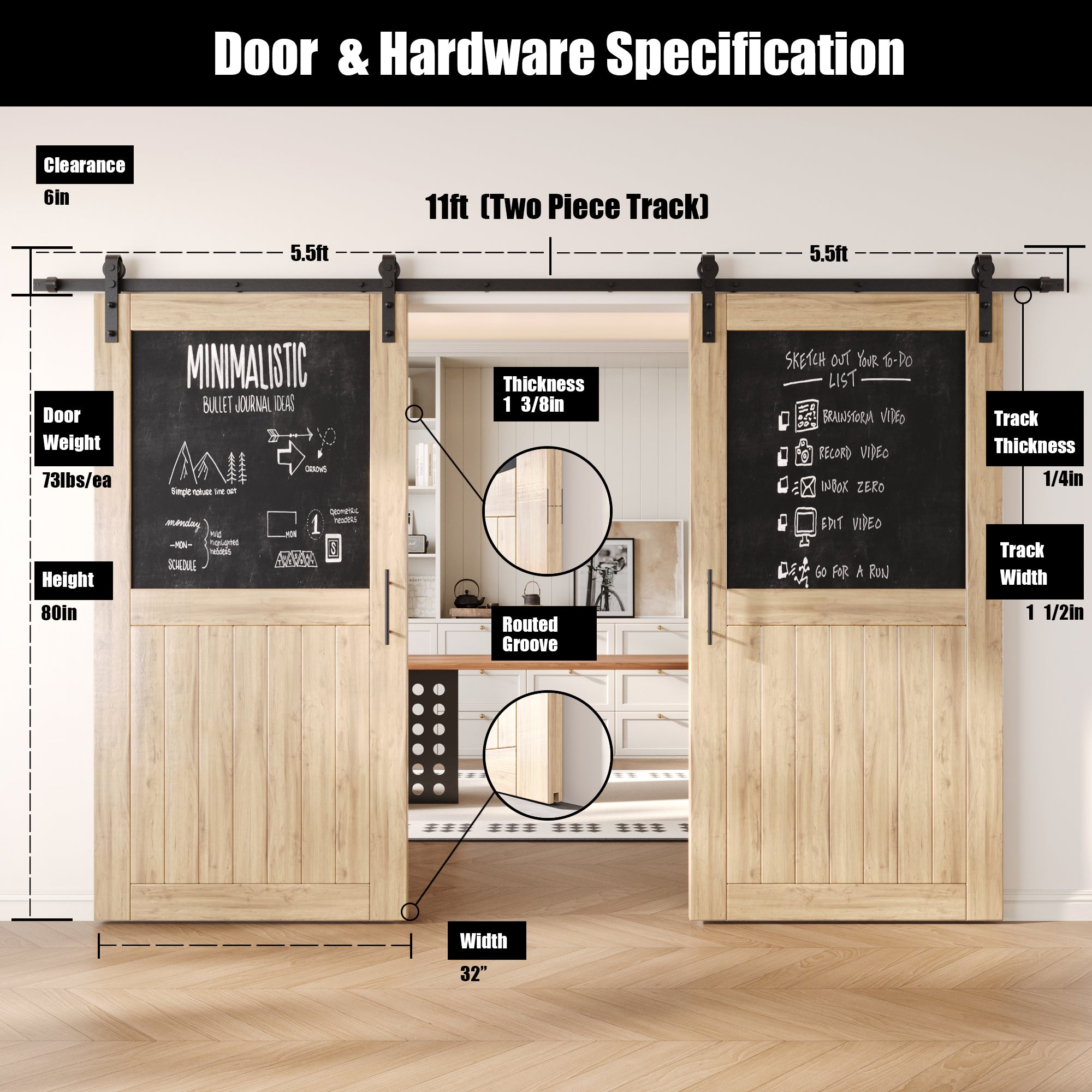 80" Height Top Chalkboard Panel Double Unassembled & Unfinished Pine Wood Barn Doors with Non-Bypass Installation Hardware Kit (Interior Use Only)