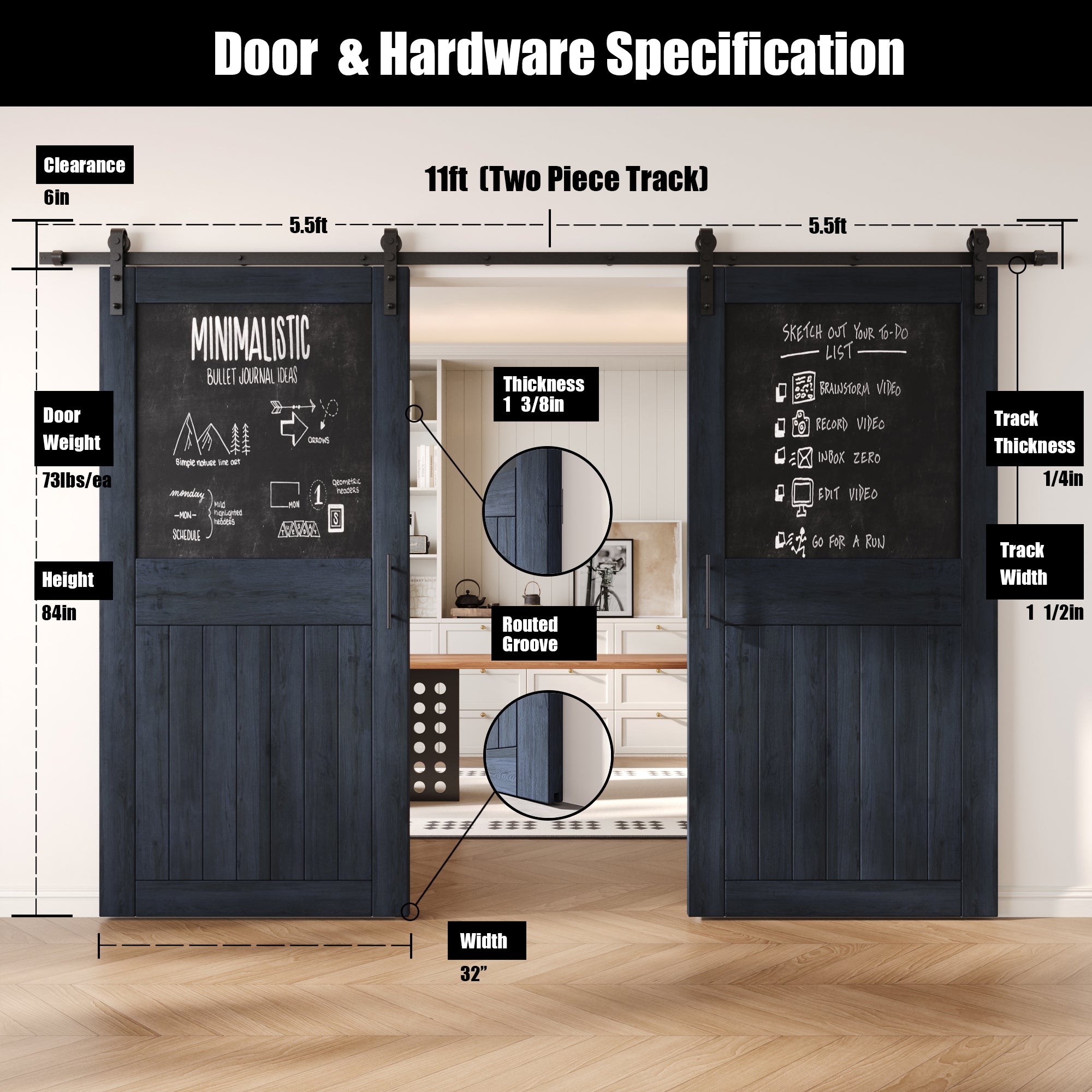 84" Height Navy Top Chalkboard Panel Double Unassembled & Finished Pine Wood Barn Doors with Non-Bypass Installation Hardware Kit (Interior Use Only)