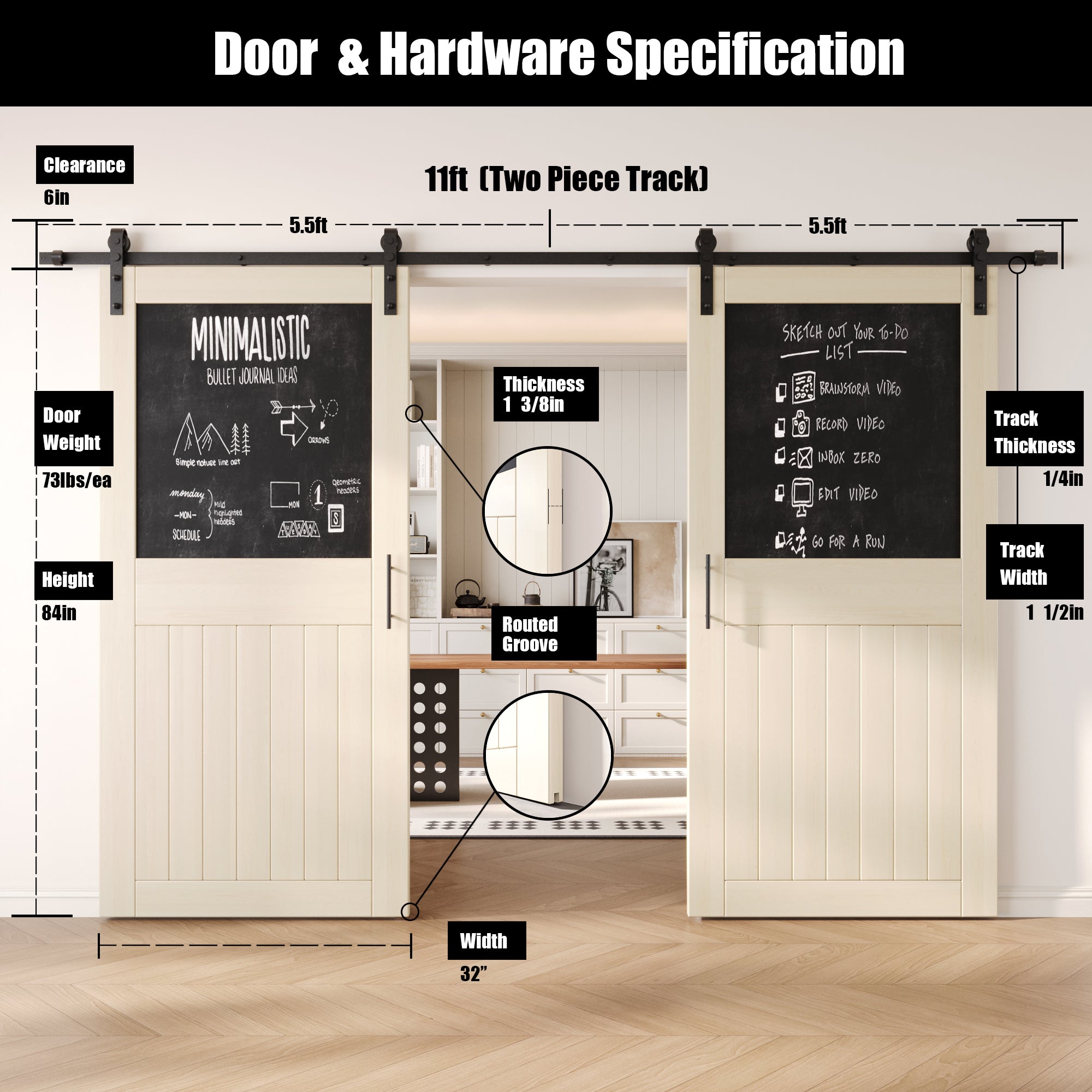 84" Height Tinsmith Gray Top Chalkboard Panel Double Unassembled & Finished Pine Wood Barn Doors with Non-Bypass Installation Hardware Kit (Interior Use Only)