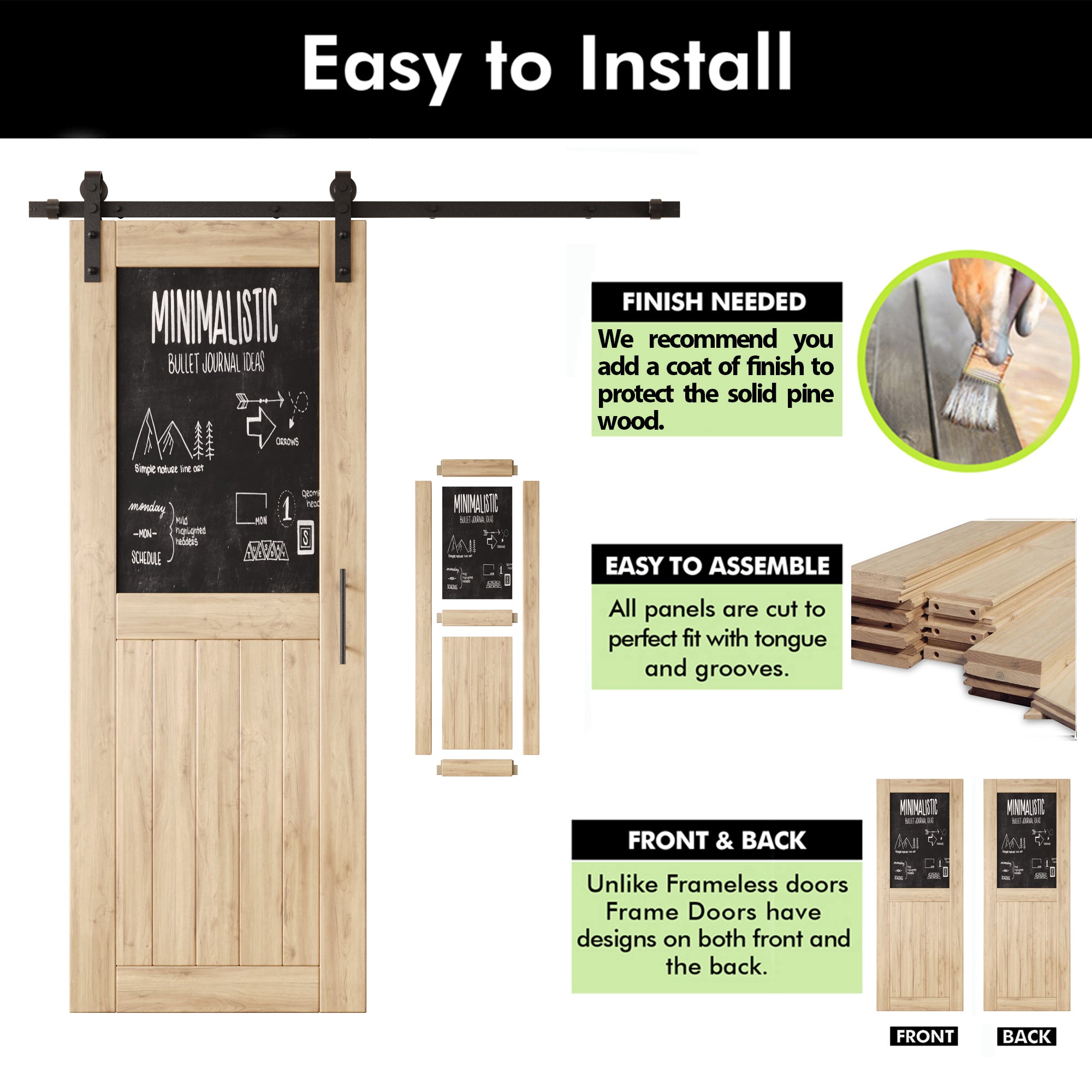 80" Height Top Chalkboard Panel Double Unassembled & Unfinished Pine Wood Barn Doors with Non-Bypass Installation Hardware Kit (Interior Use Only)