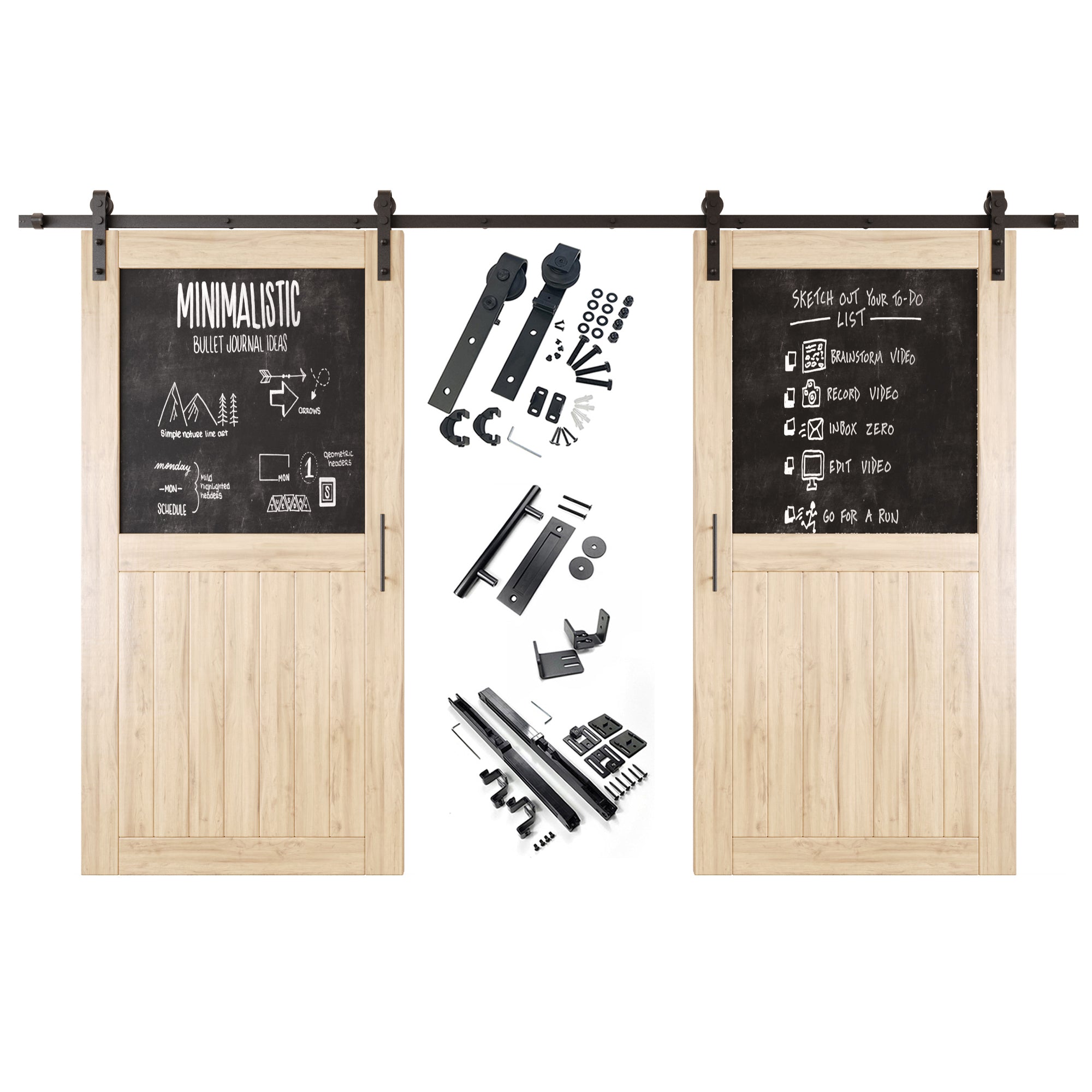 80" Height Top Chalkboard Panel Double Unassembled & Unfinished Pine Wood Barn Doors with Non-Bypass Installation Hardware Kit (Interior Use Only)