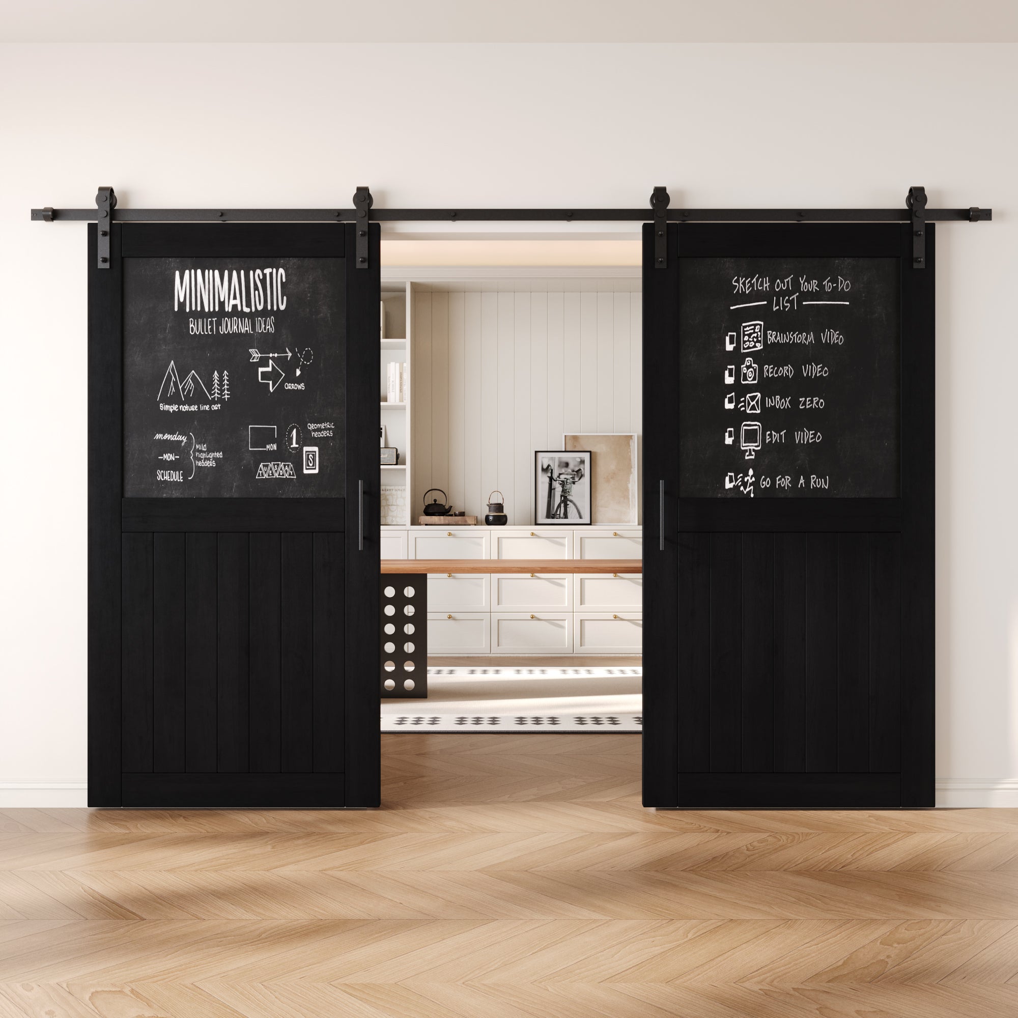 80" Height Black Top Chalkboard Panel Double Unassembled & Finished Pine Wood Barn Doors with Non-Bypass Installation Hardware Kit (Interior Use Only)