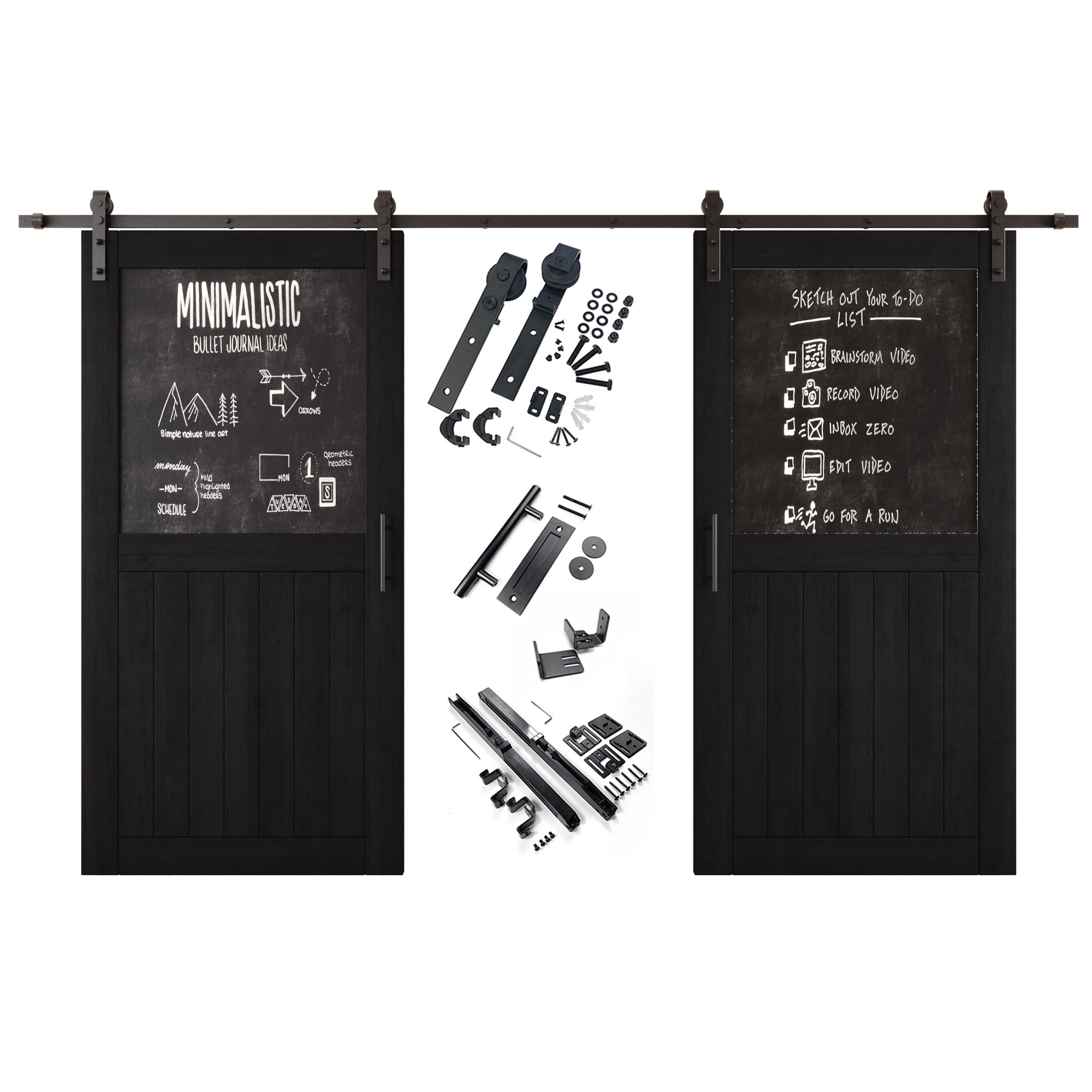 80" Height Black Top Chalkboard Panel Double Unassembled & Finished Pine Wood Barn Doors with Non-Bypass Installation Hardware Kit (Interior Use Only)