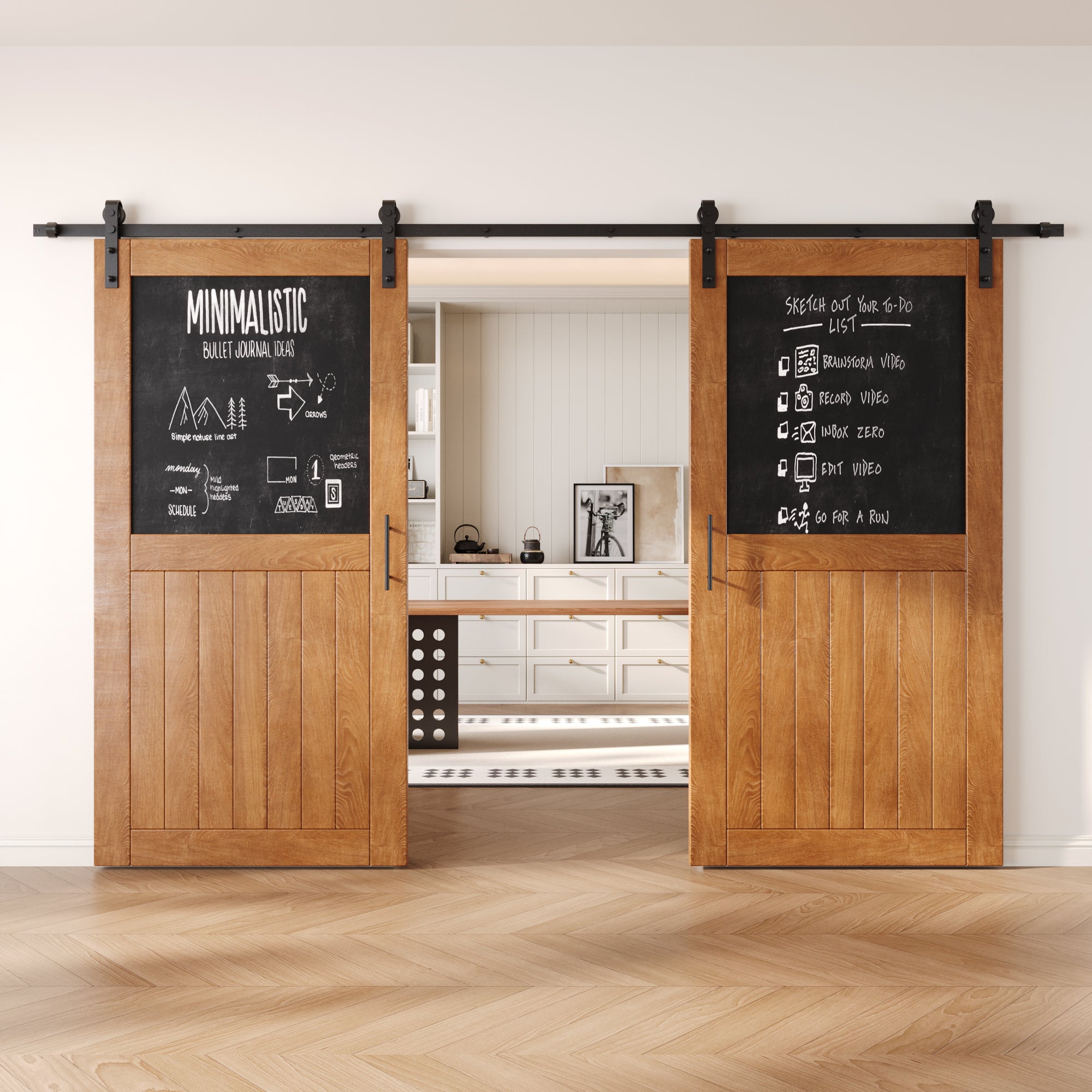 80" Height Early American Top Chalkboard Panel Double Unassembled & Finished Pine Wood Barn Doors with Non-Bypass Installation Hardware Kit (Interior Use Only)