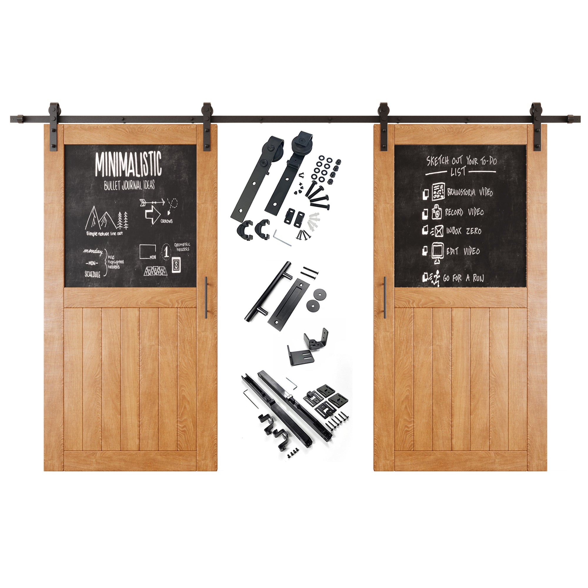 80" Height Early American Top Chalkboard Panel Double Unassembled & Finished Pine Wood Barn Doors with Non-Bypass Installation Hardware Kit (Interior Use Only)