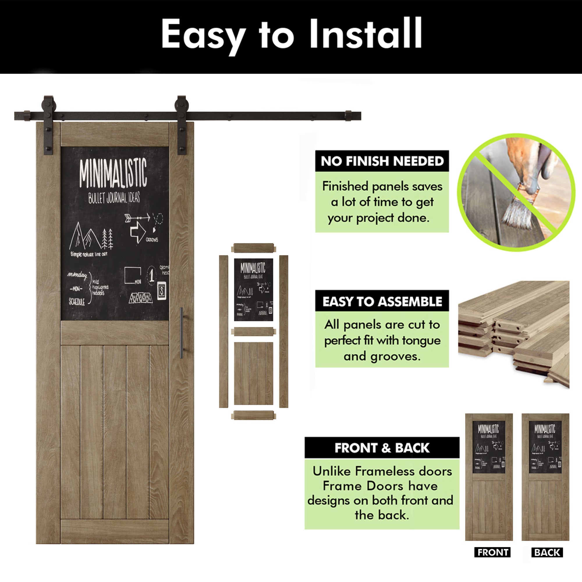 80" Height Classic Gray Top Chalkboard Panel Double Unassembled & Finished Pine Wood Barn Doors with Non-Bypass Installation Hardware Kit (Interior Use Only)