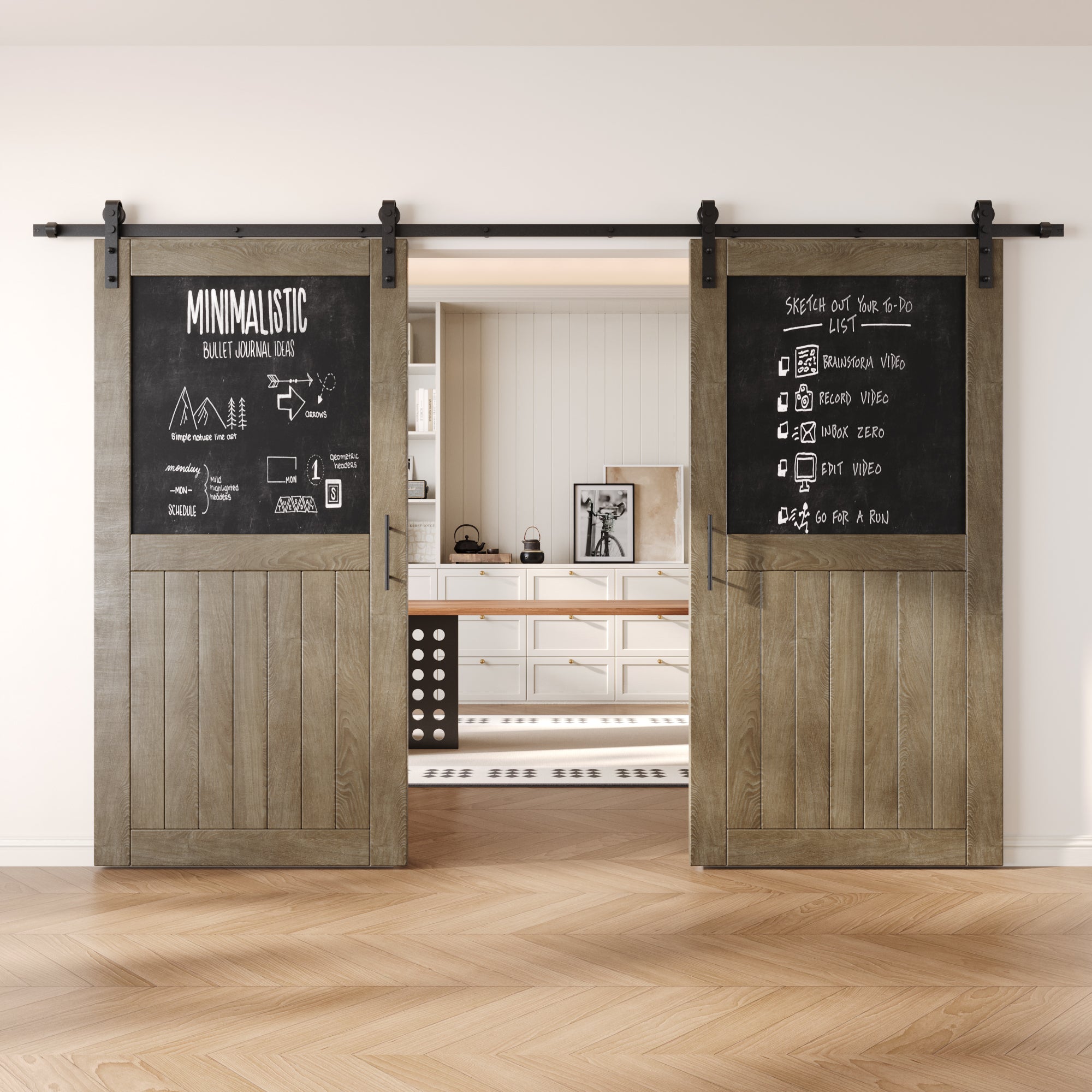80" Height Classic Gray Top Chalkboard Panel Double Unassembled & Finished Pine Wood Barn Doors with Non-Bypass Installation Hardware Kit (Interior Use Only)