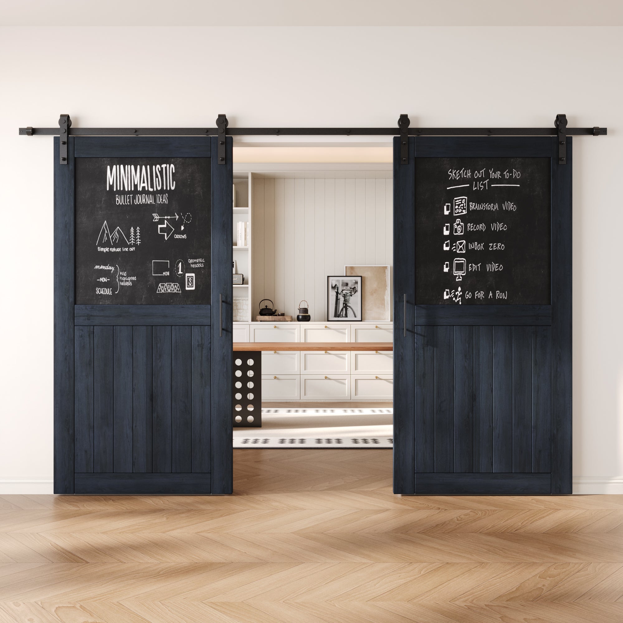 80" Height Navy Top Chalkboard Panel Double Unassembled & Finished Pine Wood Barn Doors with Non-Bypass Installation Hardware Kit (Interior Use Only)