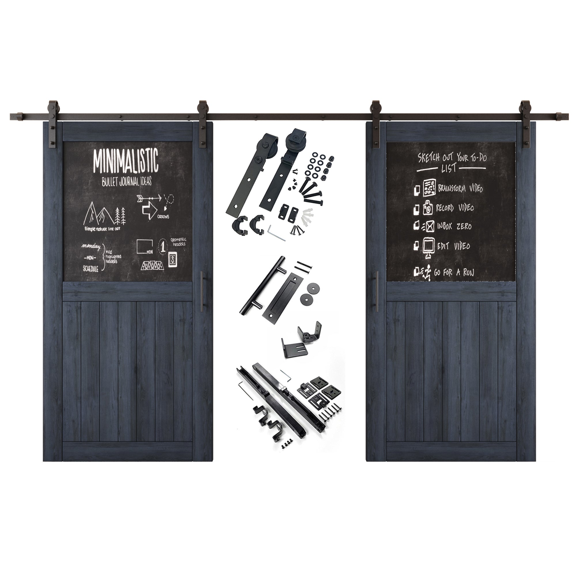 80" Height Navy Top Chalkboard Panel Double Unassembled & Finished Pine Wood Barn Doors with Non-Bypass Installation Hardware Kit (Interior Use Only)