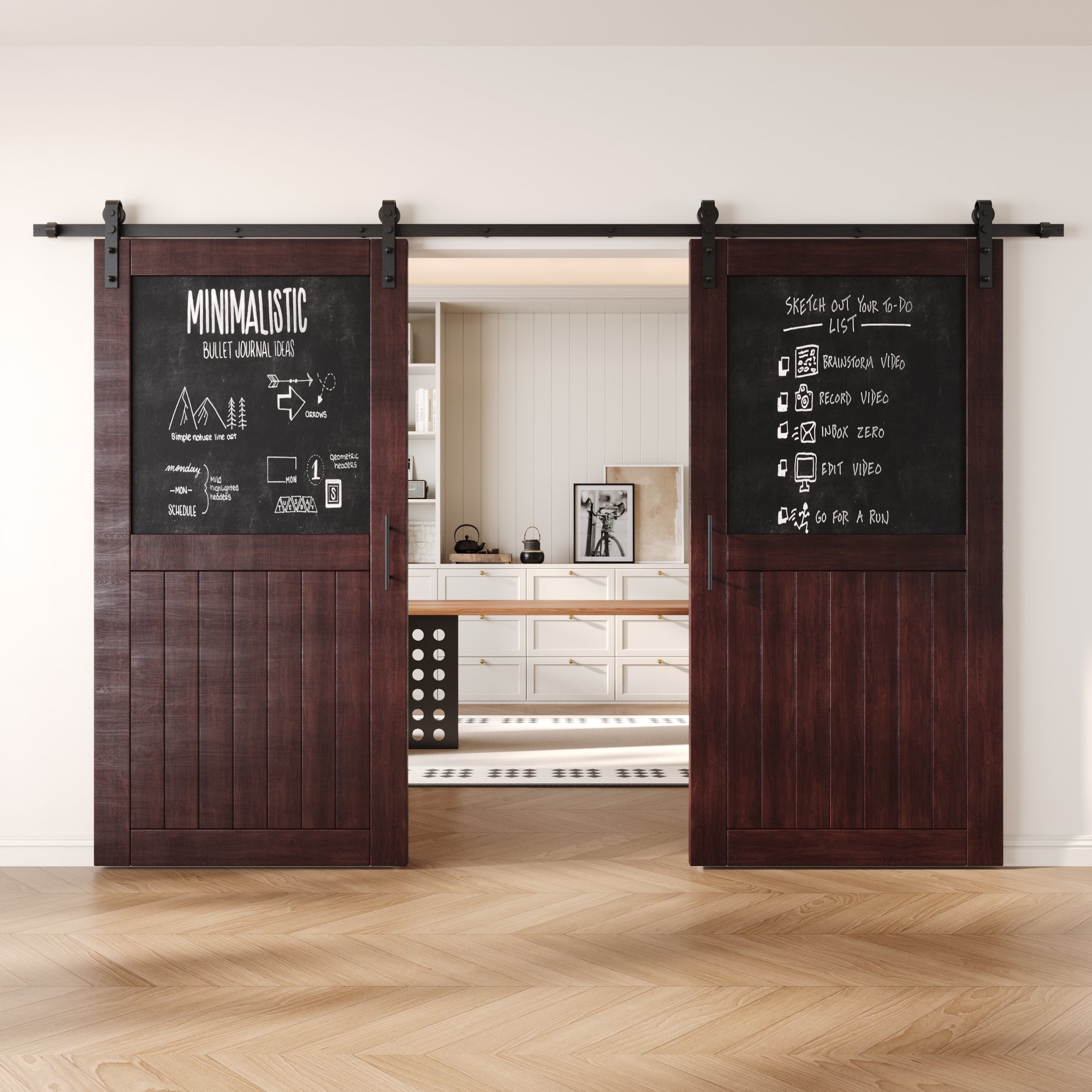 80" Height Red Mahogany Top Chalkboard Panel Double Unassembled & Finished Pine Wood Barn Doors with Non-Bypass Installation Hardware Kit (Interior Use Only)