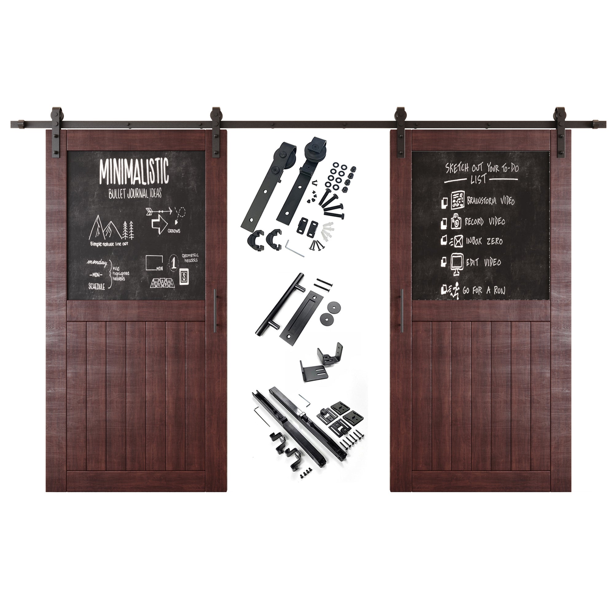 80" Height Red Mahogany Top Chalkboard Panel Double Unassembled & Finished Pine Wood Barn Doors with Non-Bypass Installation Hardware Kit (Interior Use Only)