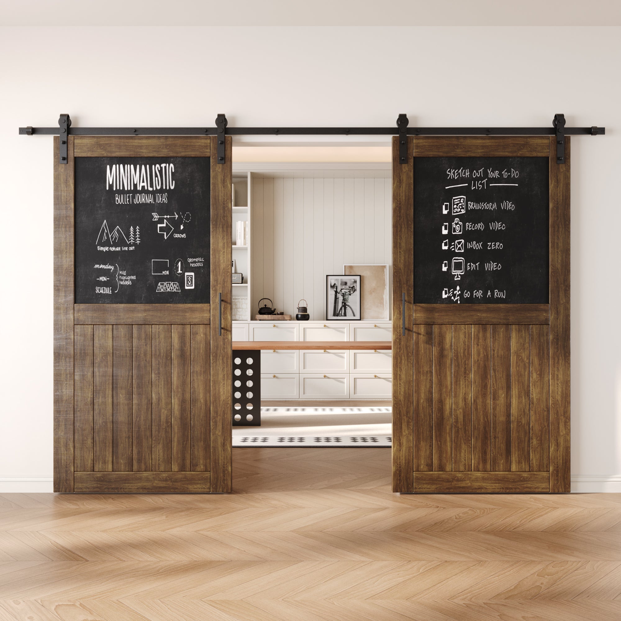 80" Height Dark Walnut Top Chalkboard Panel Double Unassembled & Finished Pine Wood Barn Doors with Non-Bypass Installation Hardware Kit (Interior Use Only)