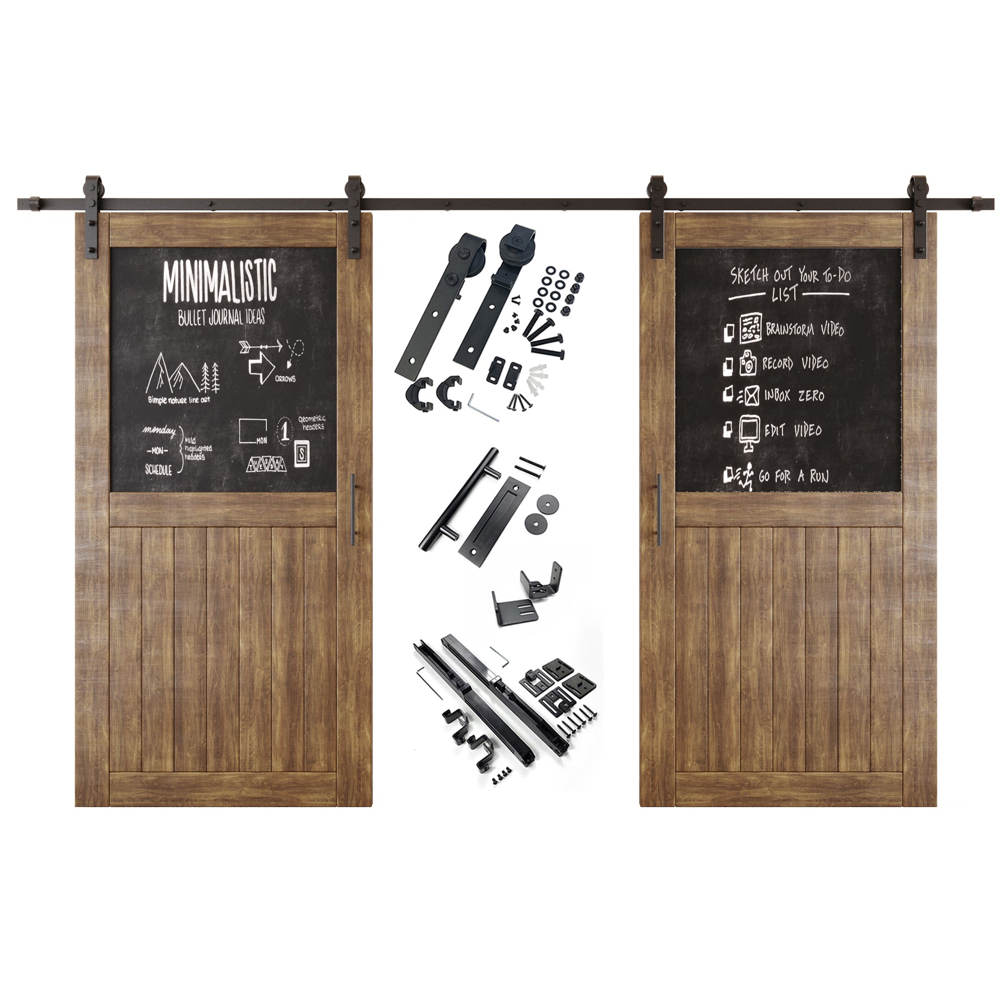 80" Height Dark Walnut Top Chalkboard Panel Double Unassembled & Finished Pine Wood Barn Doors with Non-Bypass Installation Hardware Kit (Interior Use Only)