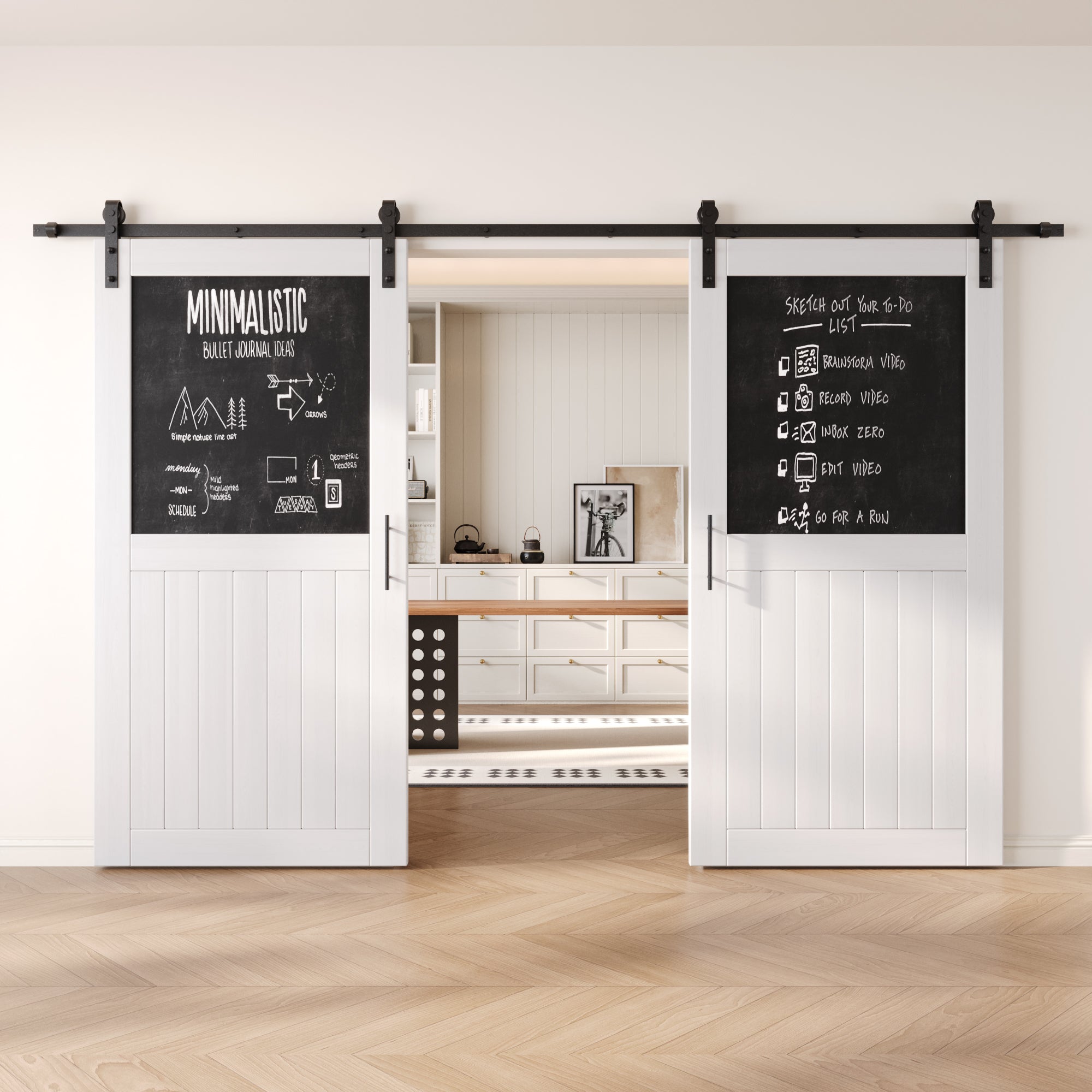 80" Height White Top Chalkboard Panel Double Unassembled & Finished Pine Wood Barn Doors with Non-Bypass Installation Hardware Kit (Interior Use Only)