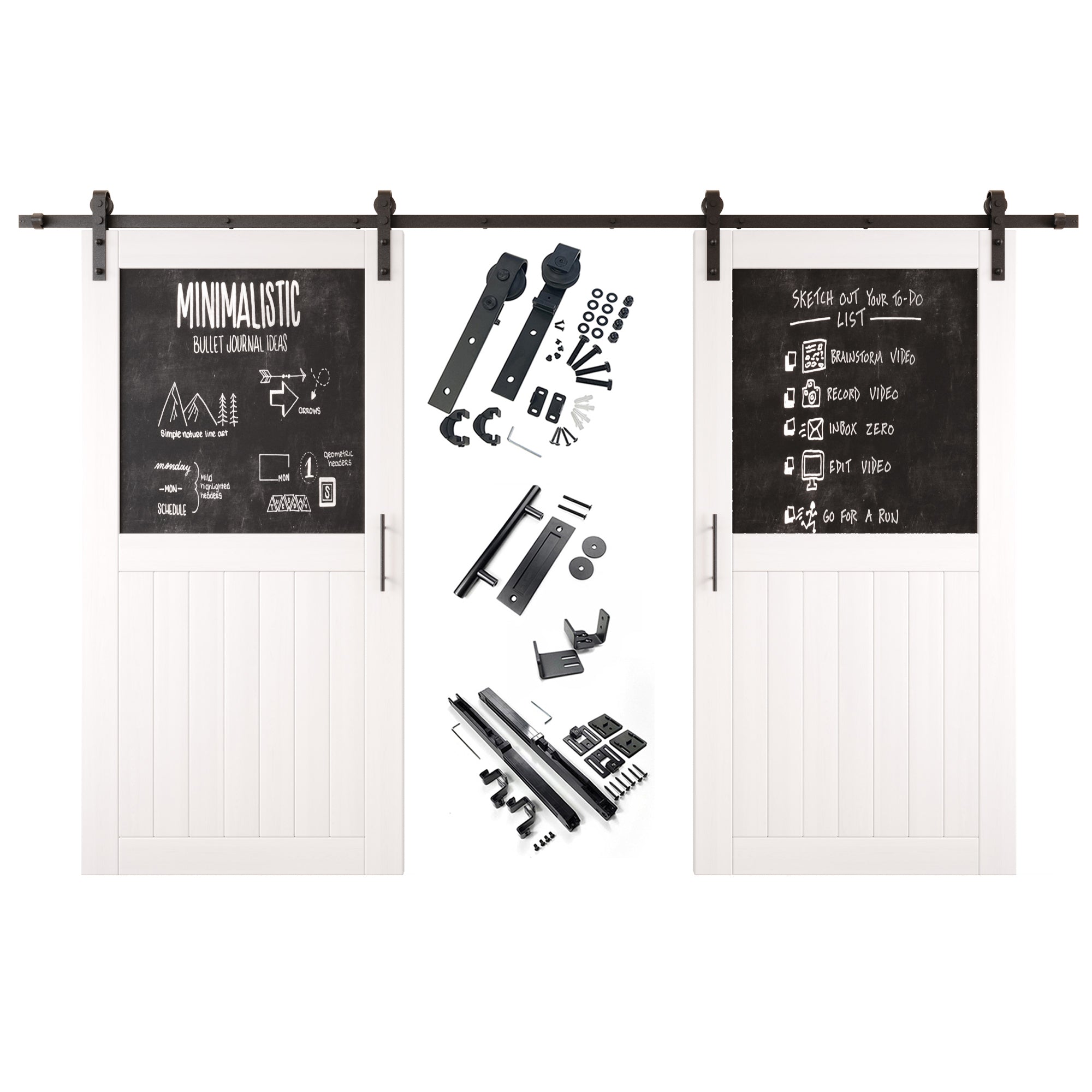 80" Height White Top Chalkboard Panel Double Unassembled & Finished Pine Wood Barn Doors with Non-Bypass Installation Hardware Kit (Interior Use Only)