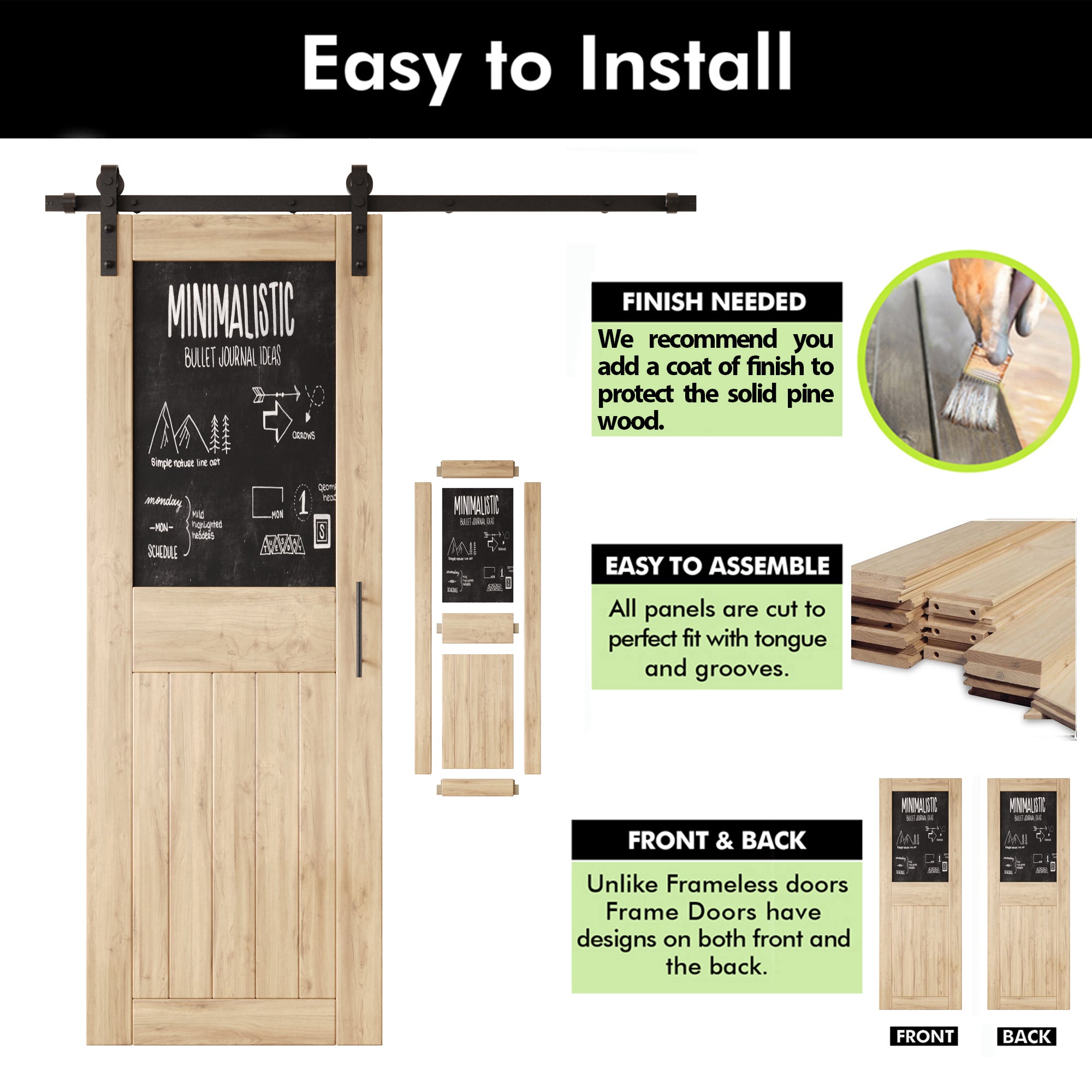 84" Height Top Chalkboard Panel Double Unassembled & Unfinished Pine Wood Barn Doors with Non-Bypass Installation Hardware Kit (Interior Use Only)