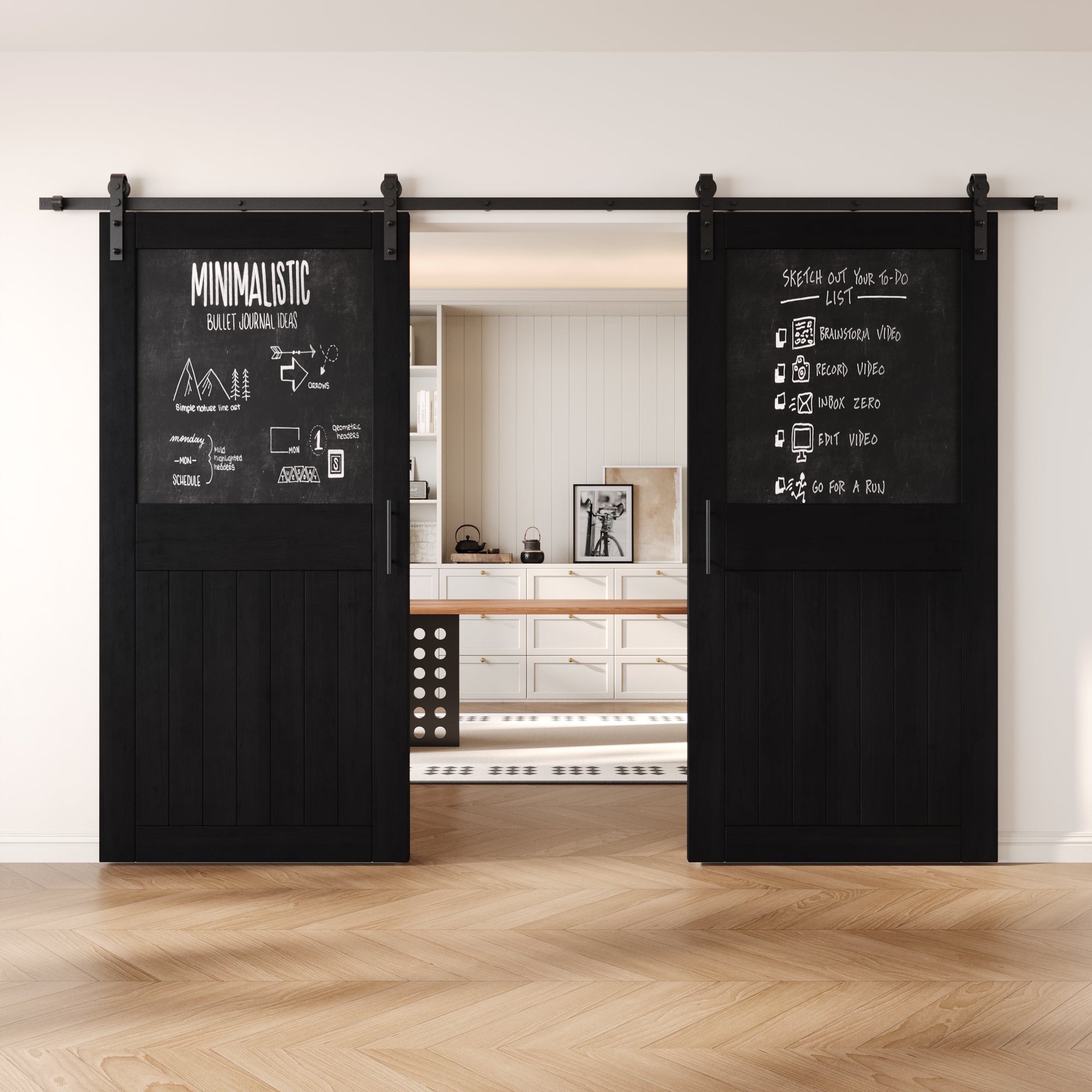 84" Height Black Top Chalkboard Panel Double Unassembled & Finished Pine Wood Barn Doors with Non-Bypass Installation Hardware Kit (Interior Use Only)