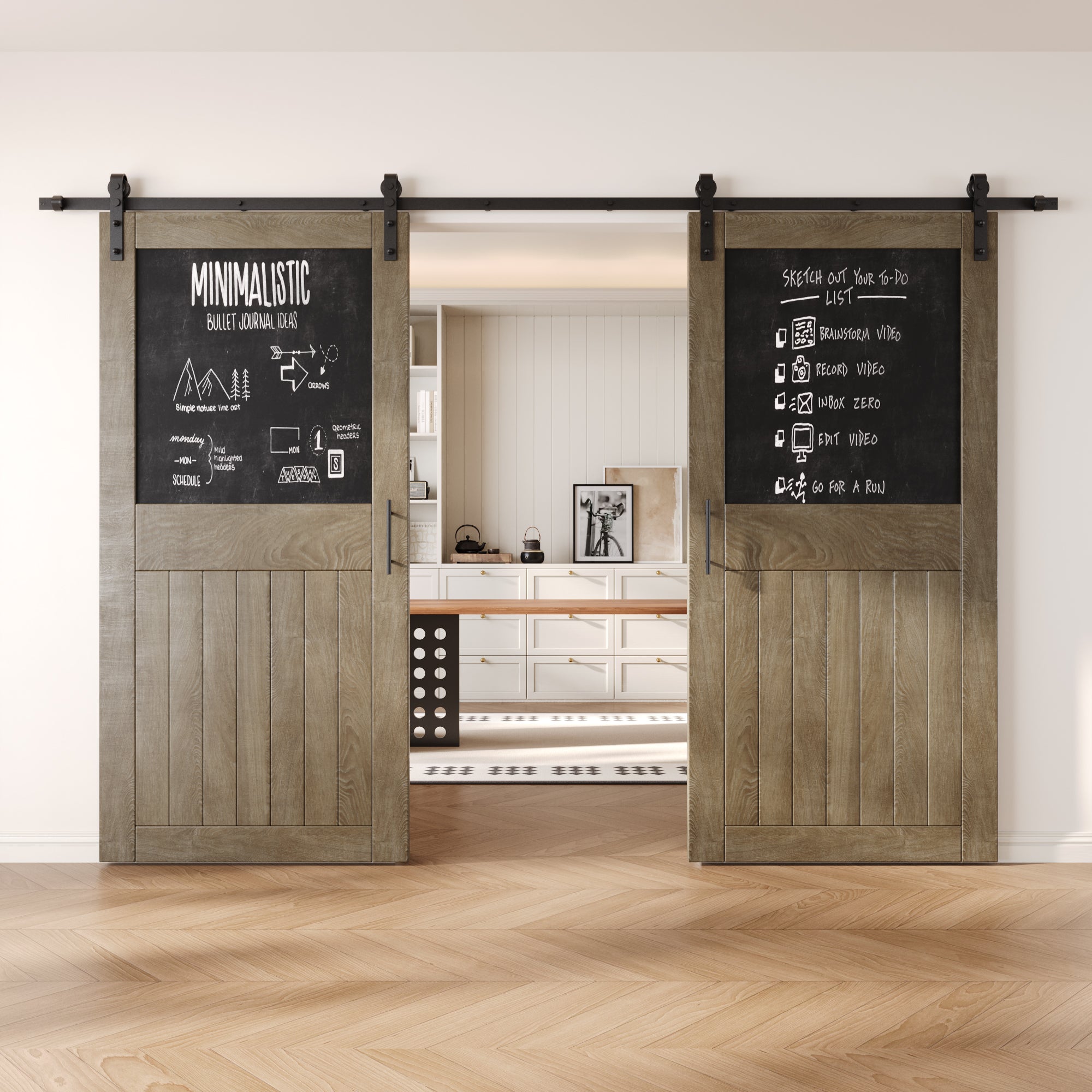 84" Height Classic Gray Top Chalkboard Panel Double Unassembled & Finished Pine Wood Barn Doors with Non-Bypass Installation Hardware Kit (Interior Use Only)