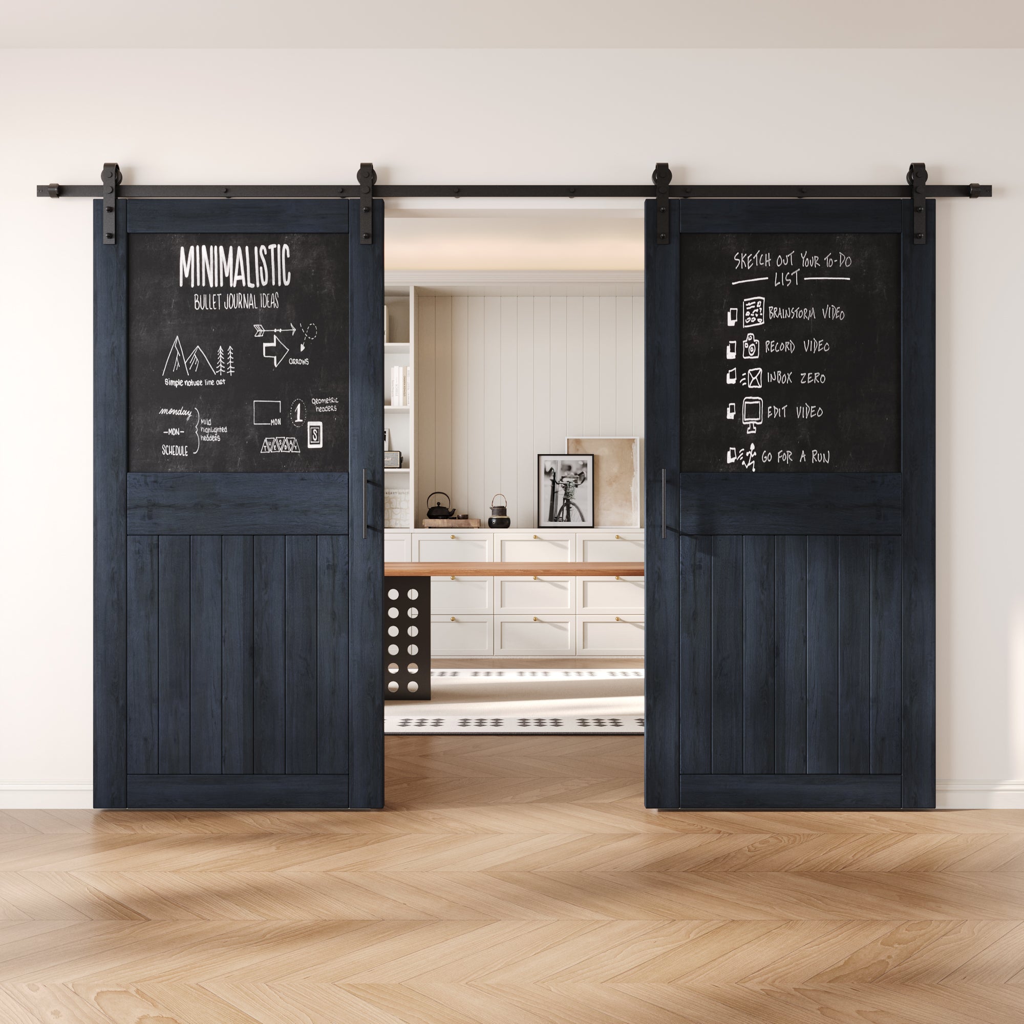 84" Height Navy Top Chalkboard Panel Double Unassembled & Finished Pine Wood Barn Doors with Non-Bypass Installation Hardware Kit (Interior Use Only)