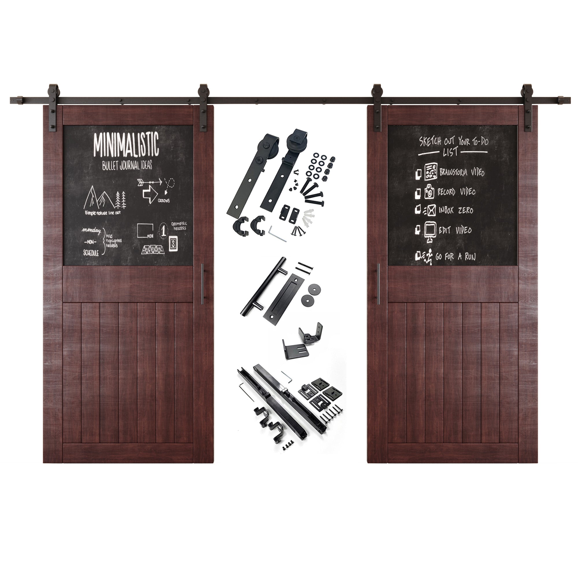 84" Height Red Mahogany Top Chalkboard Panel Double Unassembled & Finished Pine Wood Barn Doors with Non-Bypass Installation Hardware Kit (Interior Use Only)