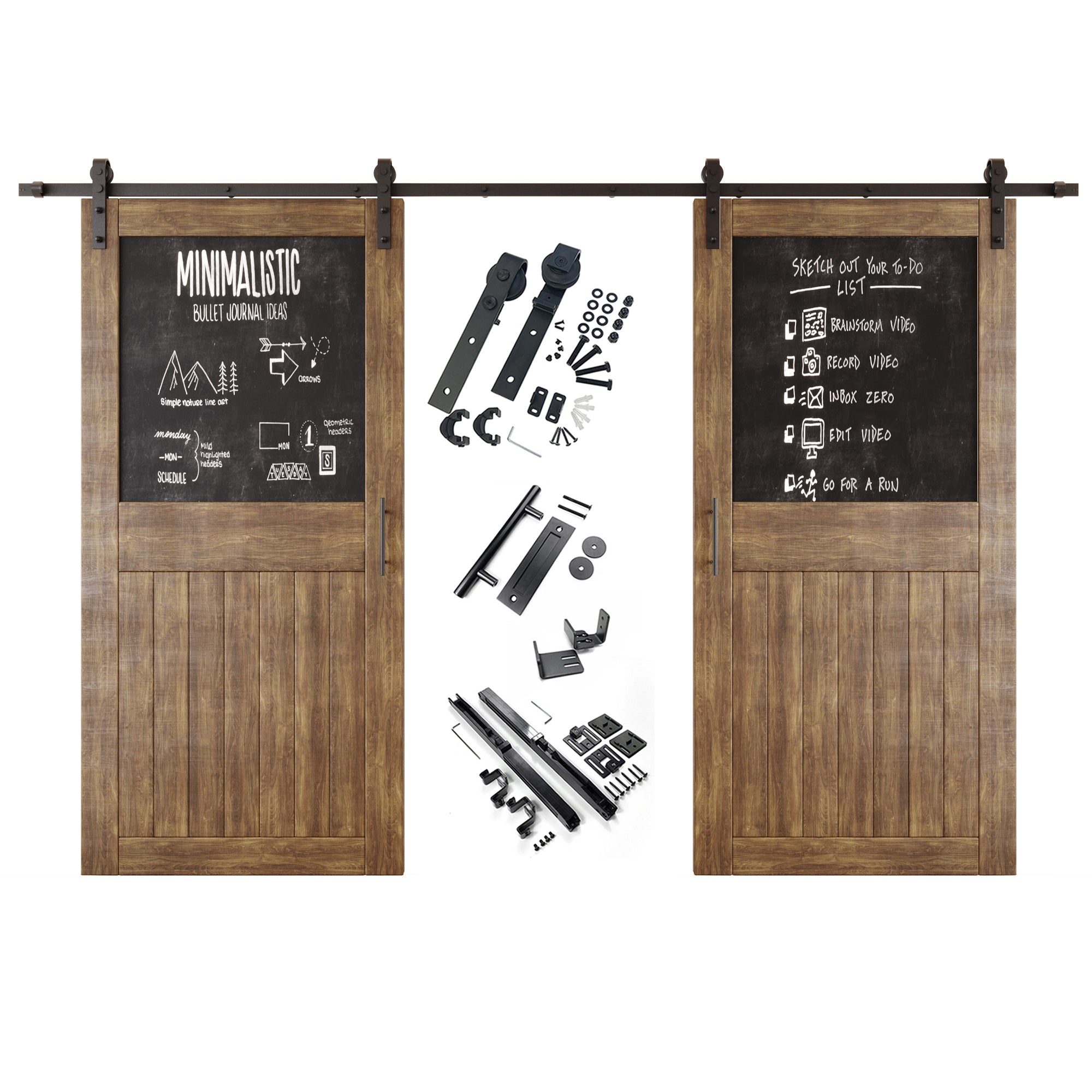 84" Height Dark Walnut Top Chalkboard Panel Double Unassembled & Finished Pine Wood Barn Doors with Non-Bypass Installation Hardware Kit (Interior Use Only)