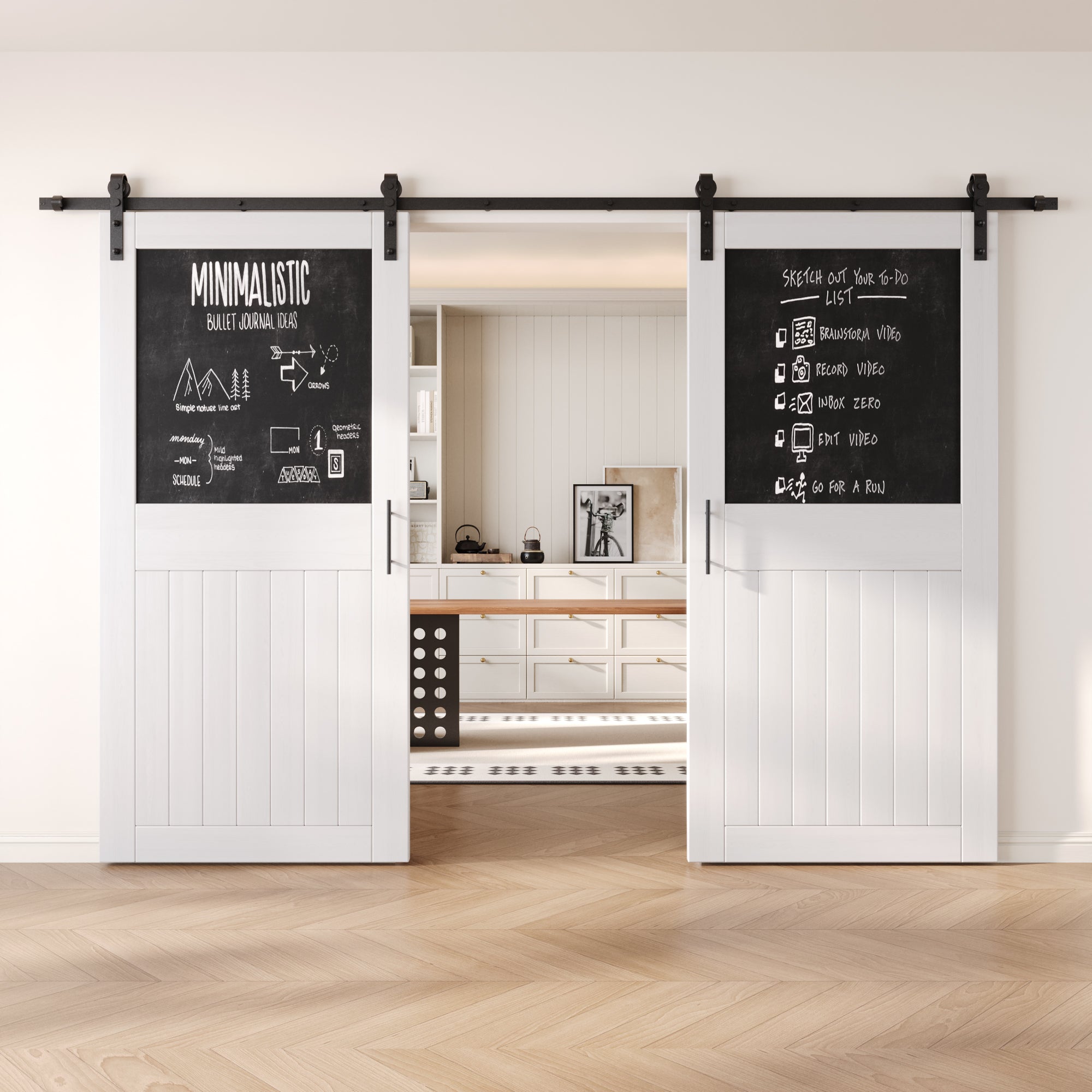84" Height White Top Chalkboard Panel Double Unassembled & Finished Pine Wood Barn Doors with Non-Bypass Installation Hardware Kit (Interior Use Only)