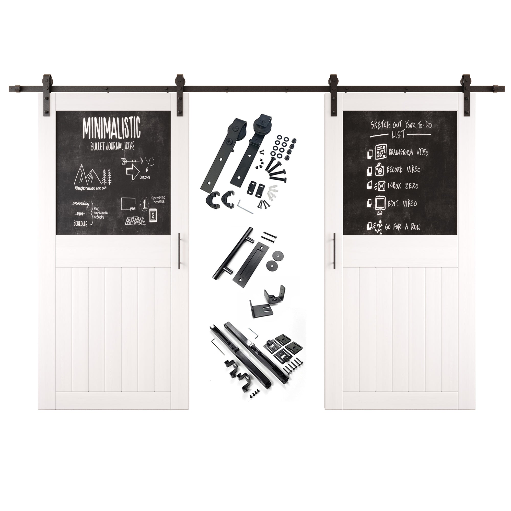 84" Height White Top Chalkboard Panel Double Unassembled & Finished Pine Wood Barn Doors with Non-Bypass Installation Hardware Kit (Interior Use Only)