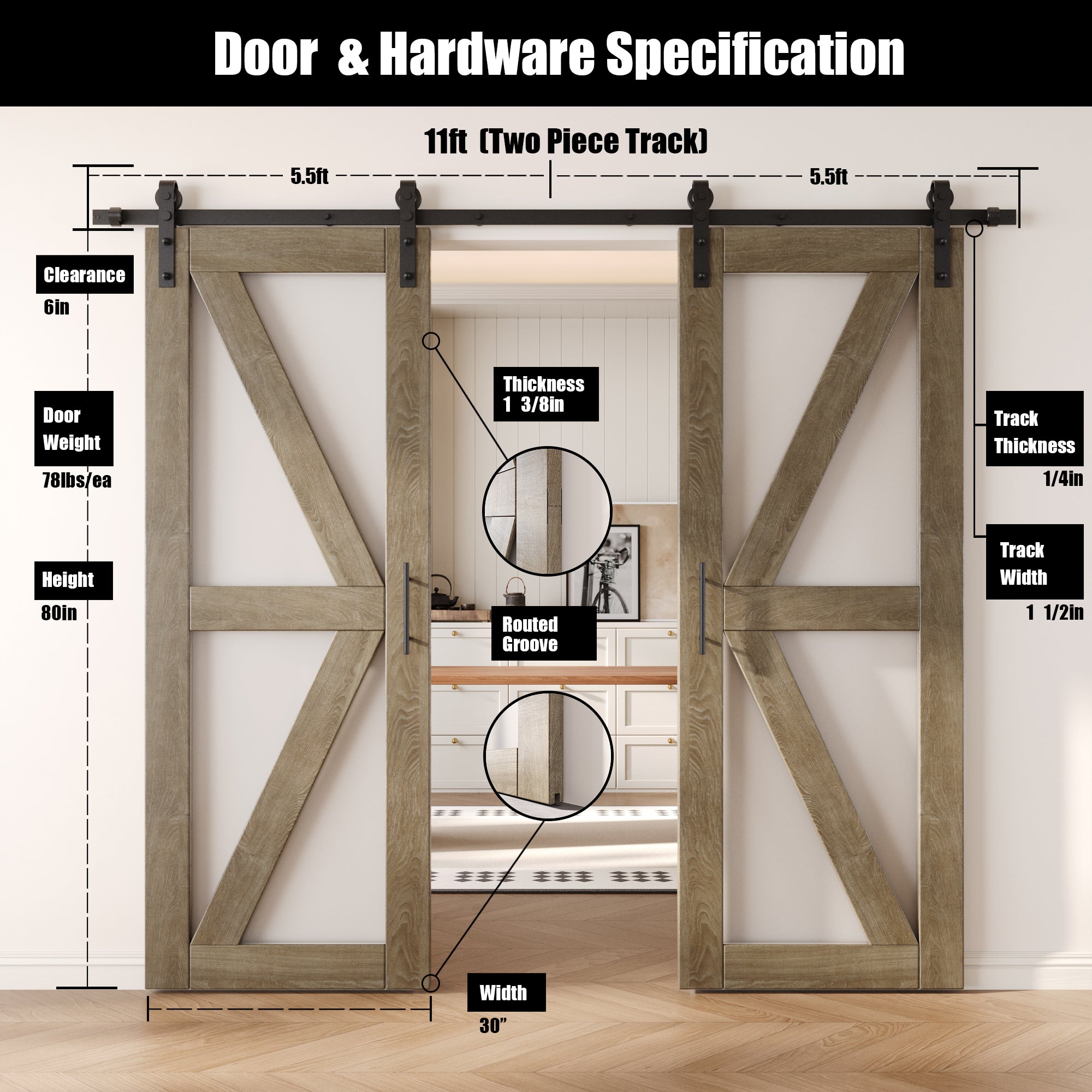 80" Height Classic Gray Arrow Pattern Glass Double Unassembled & Finished Pine Wood Barn Doors with Non-Bypass Installation Hardware Kit (Interior Use Only)