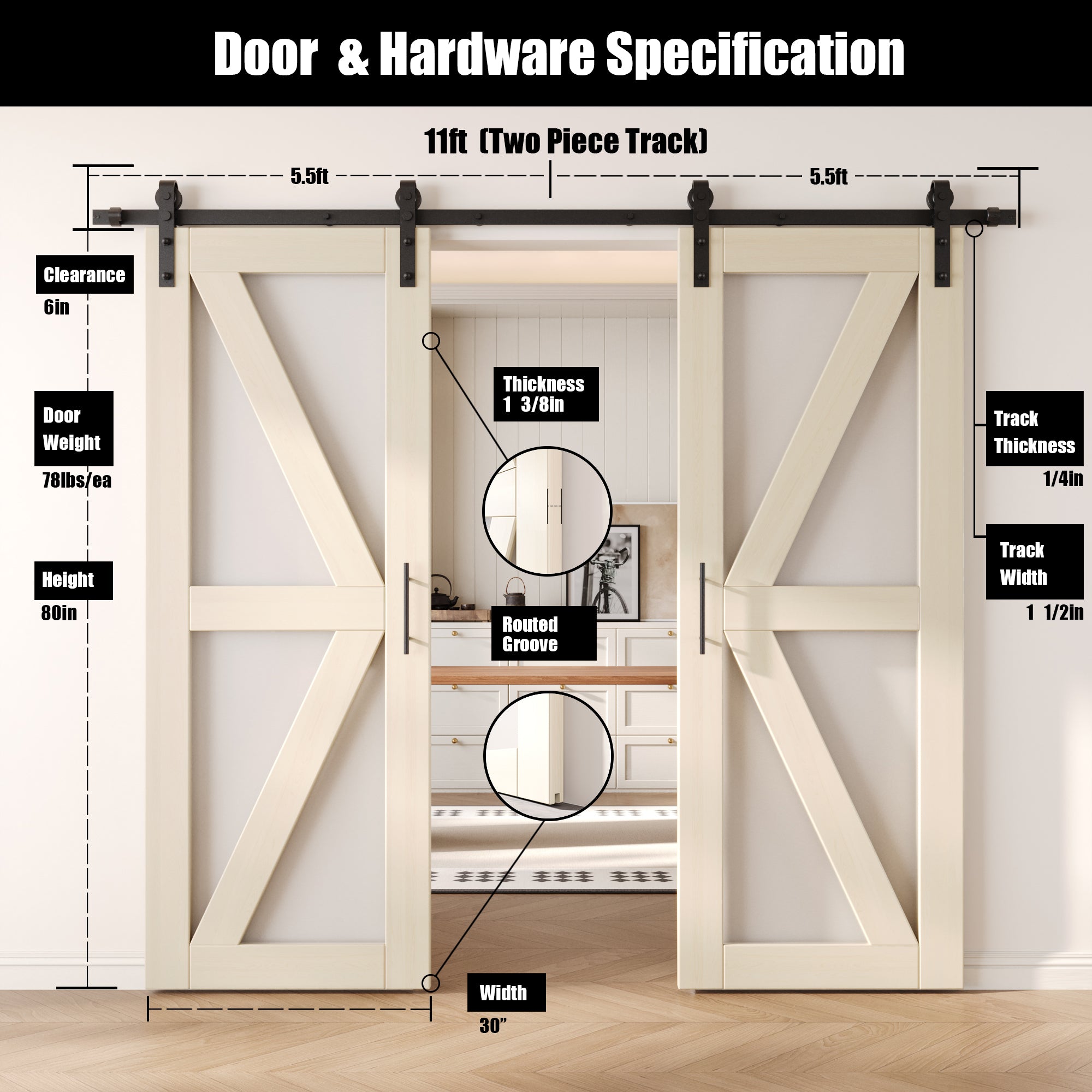 80" Height Tinsmith Gray Frosted Glass Arrow Design Double Unassembled & Finished Pine Wood Barn Doors with Non-Bypass Installation Hardware Kit (Interior Use Only)