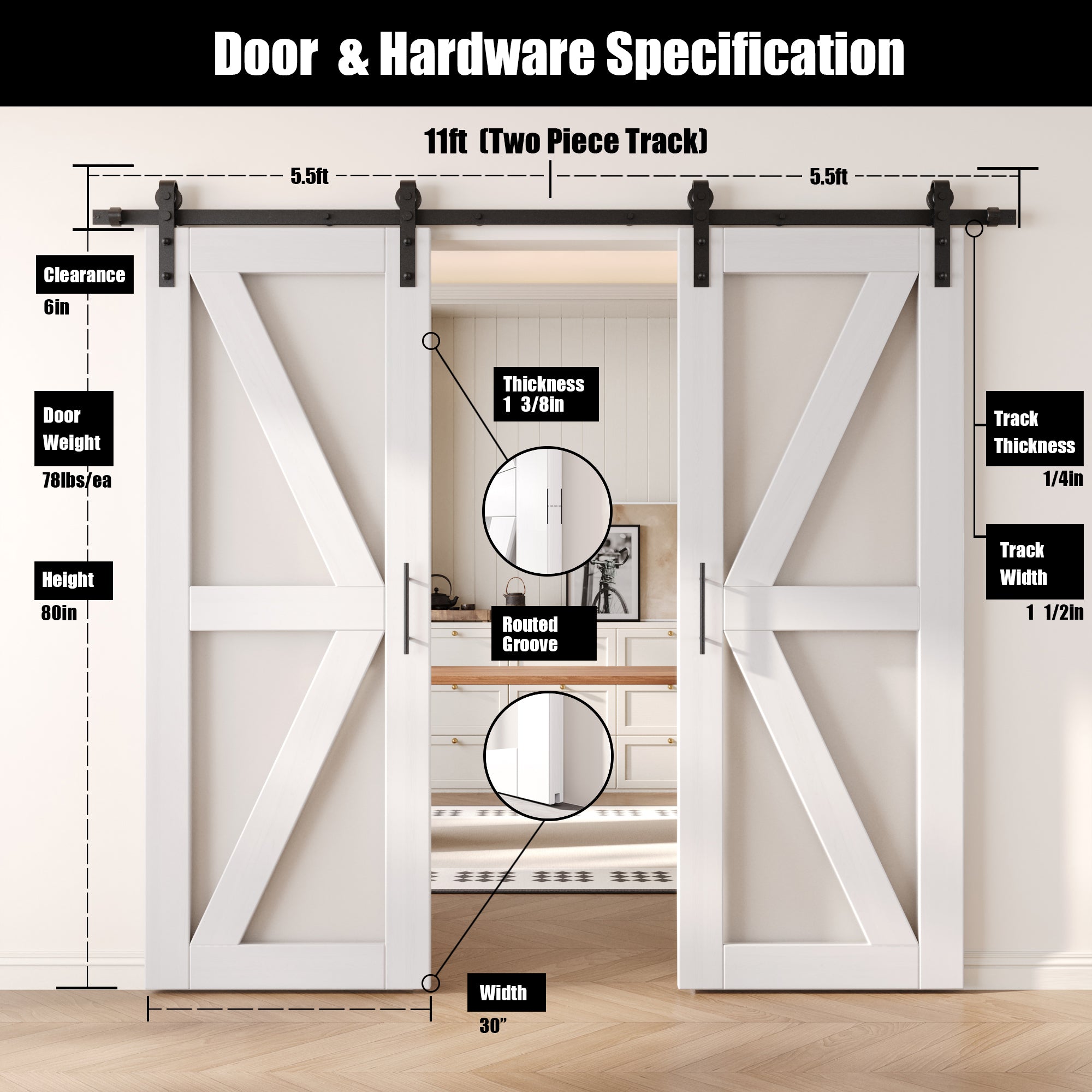 80" Height White Frosted Glass Arrow Design Double Unassembled & Finished Pine Wood Barn Doors with Non-Bypass Installation Hardware Kit (Interior Use Only)
