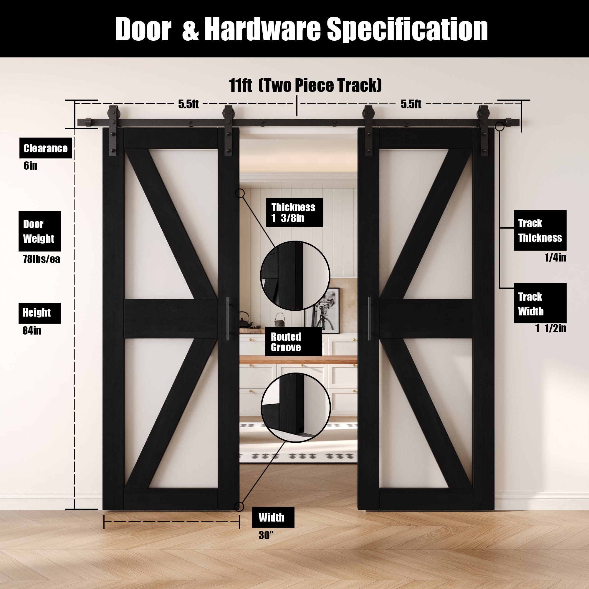 84" Height Black Frosted Glass Arrow Design Double Unassembled & Finished Pine Wood Barn Doors with Non-Bypass Installation Hardware Kit (Interior Use Only)