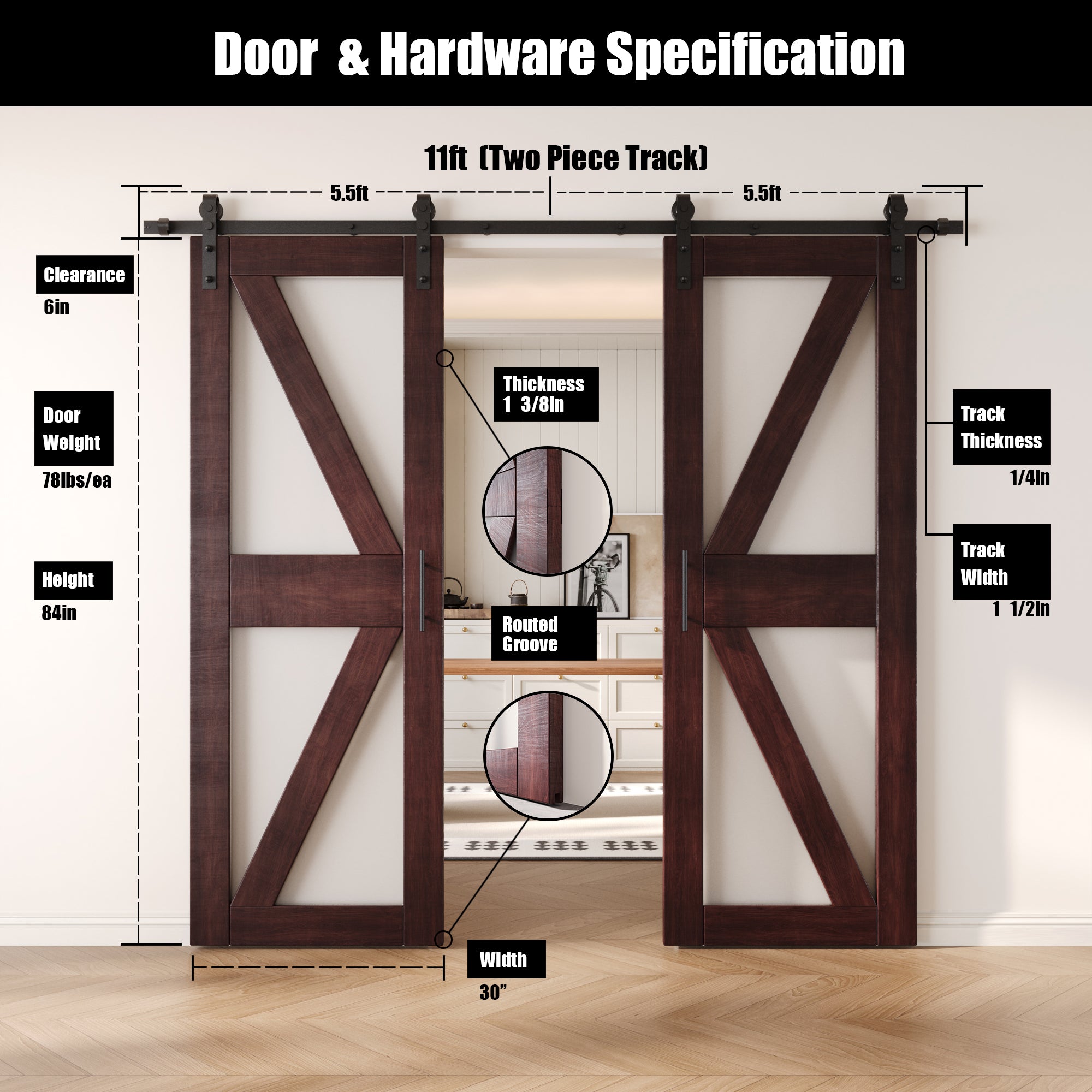 84" Height Red Mahogany Arrow Pattern Glass Double Unassembled & Finished Pine Wood Barn Doors with Non-Bypass Installation Hardware Kit (Interior Use Only)