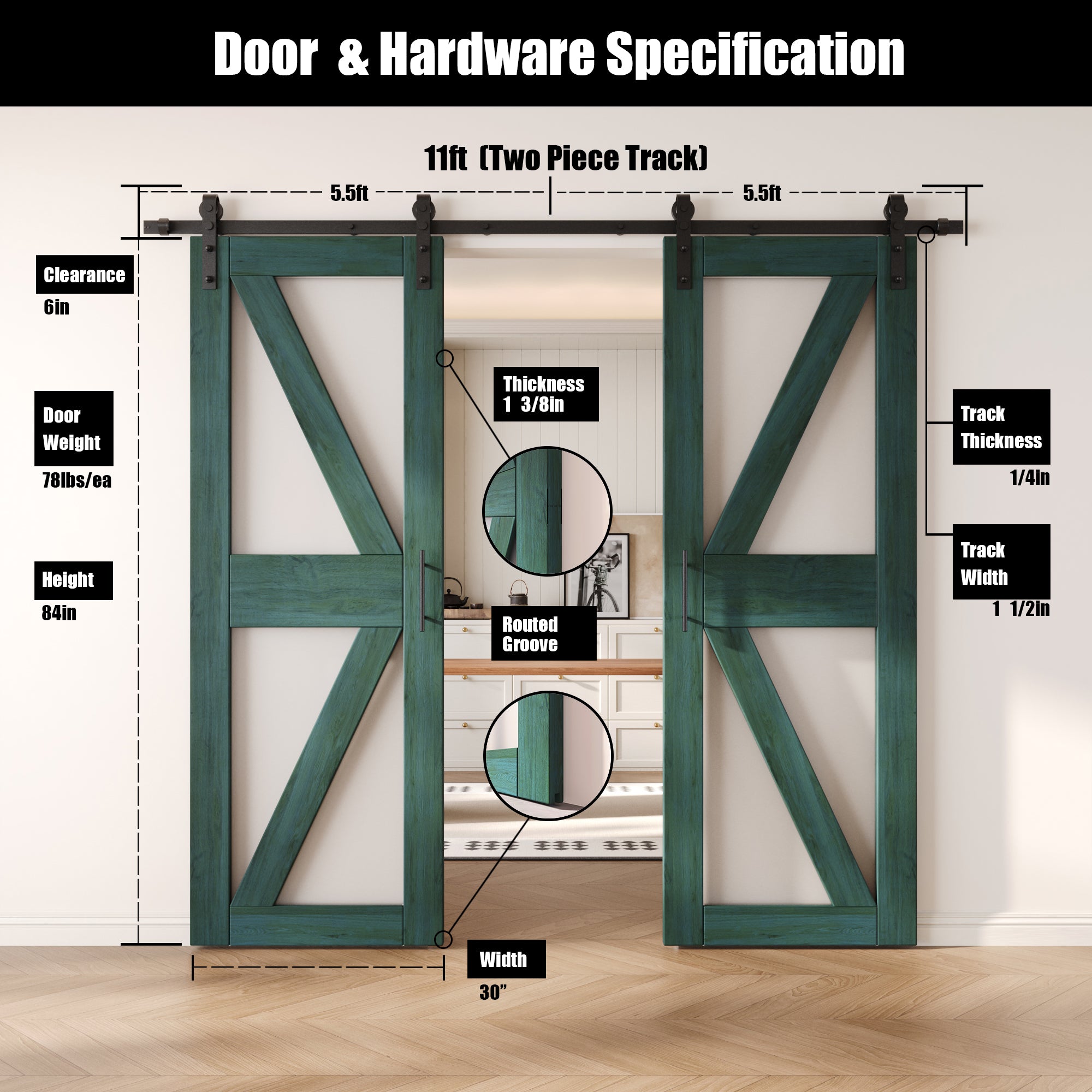 84" Height Royal Pine Arrow Pattern Glass Double Unassembled & Finished Pine Wood Barn Doors with Non-Bypass Installation Hardware Kit (Interior Use Only)