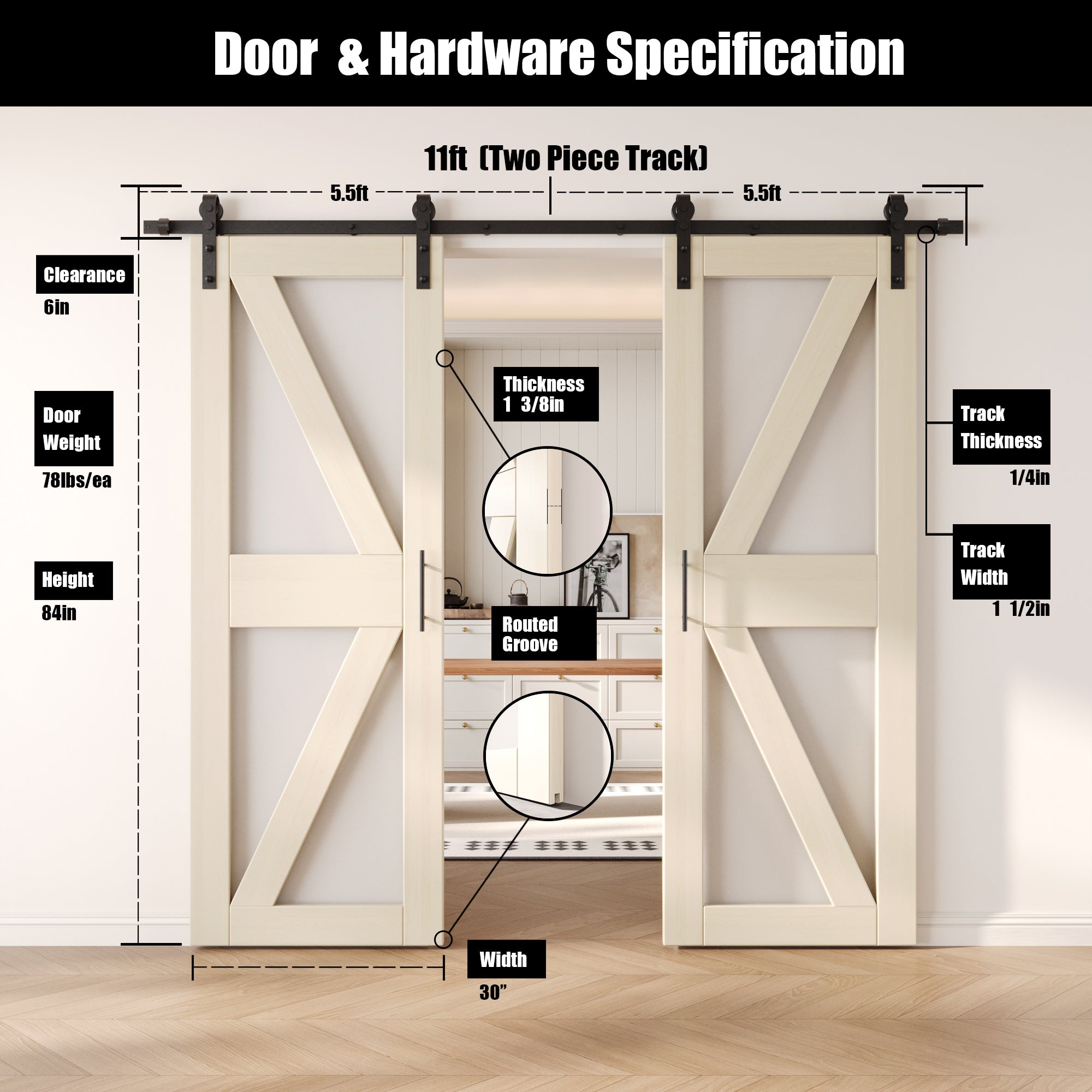 84" Height Tinsmith Gray Arrow Pattern Glass Double Unassembled & Finished Pine Wood Barn Doors with Non-Bypass Installation Hardware Kit (Interior Use Only)