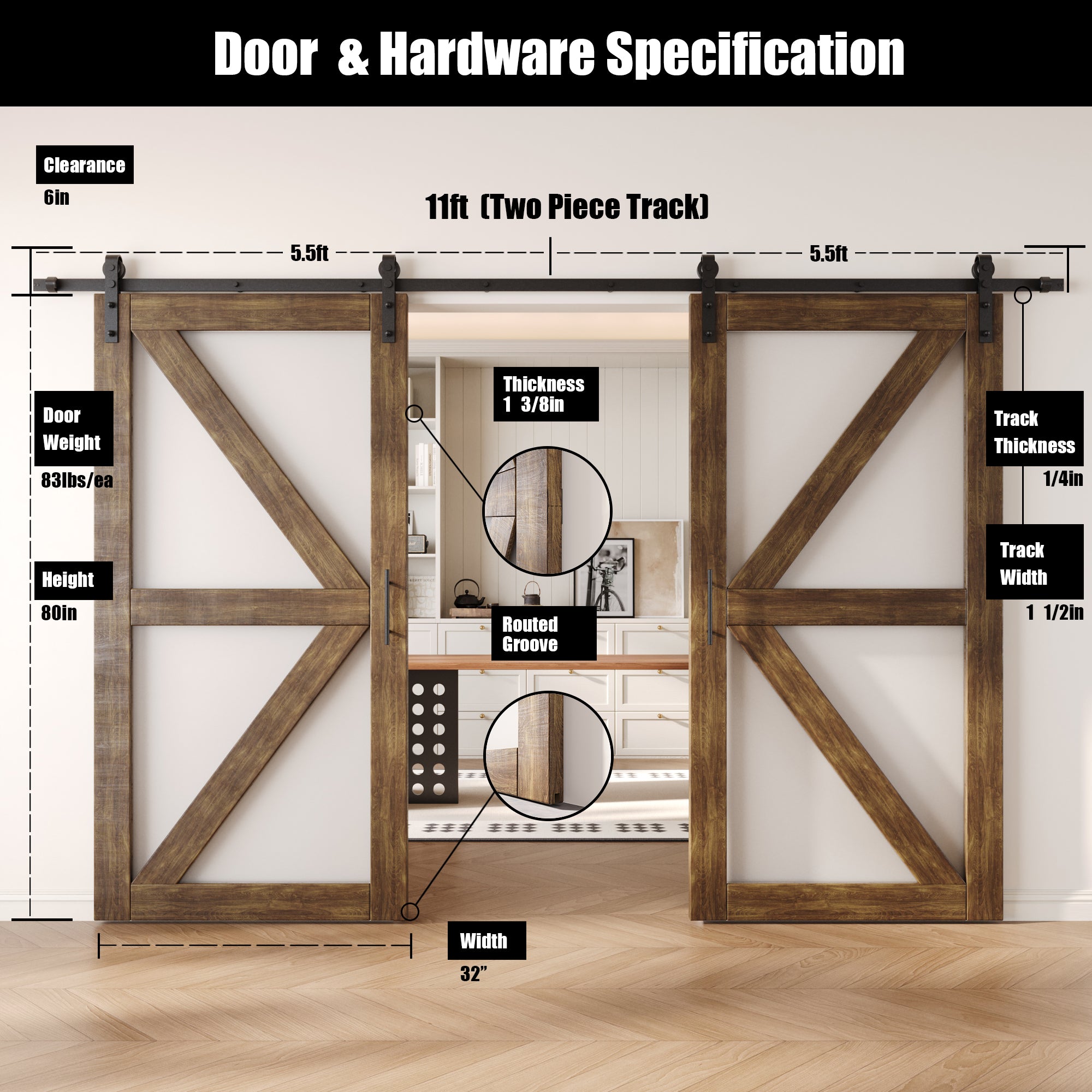 80" Height Dark Walnut Arrow Pattern Glass Double Unassembled & Finished Pine Wood Barn Doors with Non-Bypass Installation Hardware Kit (Interior Use Only)
