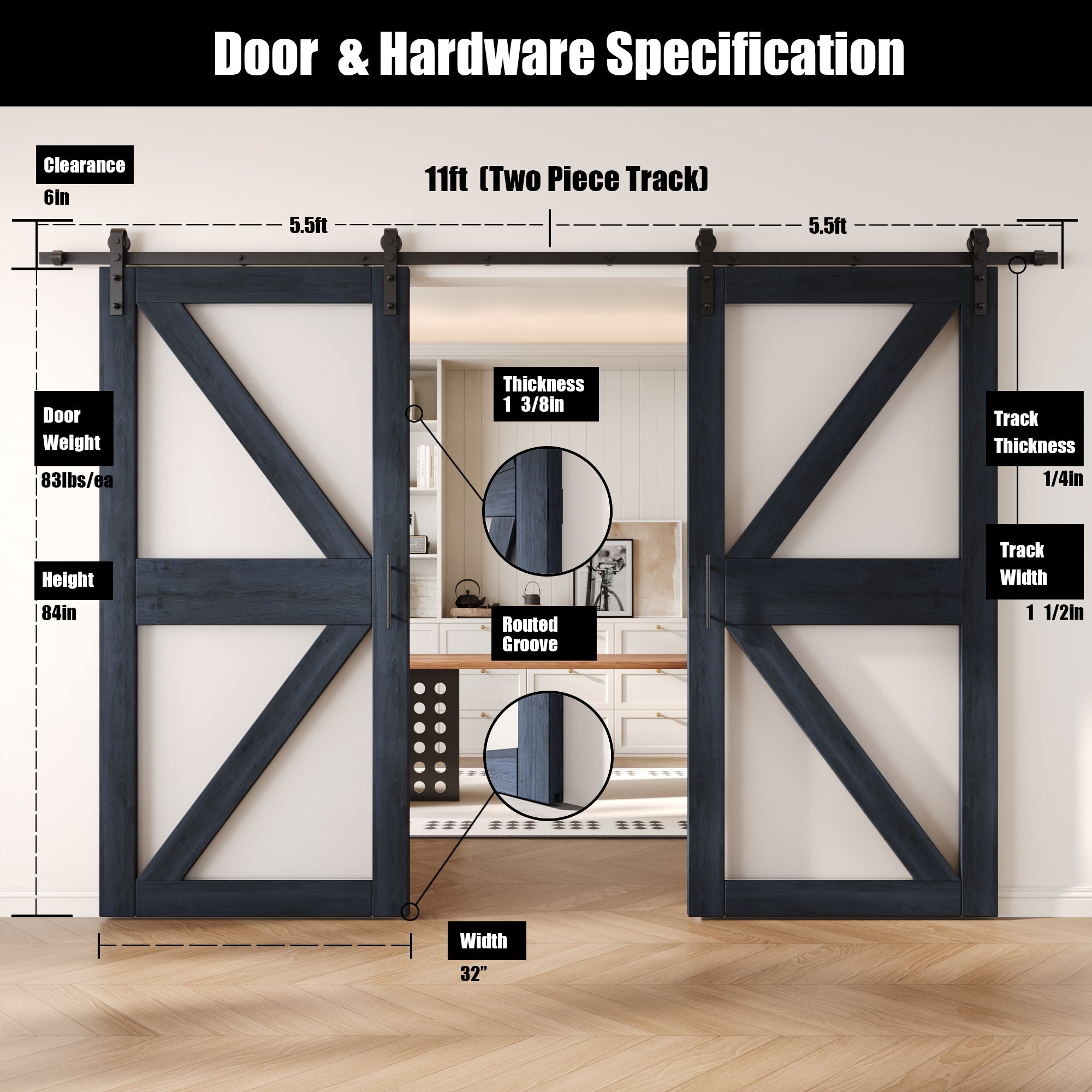 84" Height Navy Arrow Pattern Glass Double Unassembled & Finished Pine Wood Barn Doors with Non-Bypass Installation Hardware Kit (Interior Use Only)
