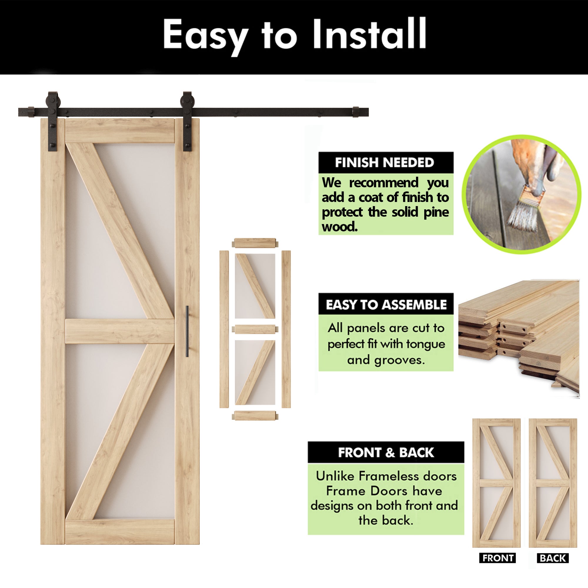 80" Height Arrow Pattern Glass Double Unassembled & Unfinished Pine Wood Barn Doors with Non-Bypass Installation Hardware Kit (Interior Use Only)