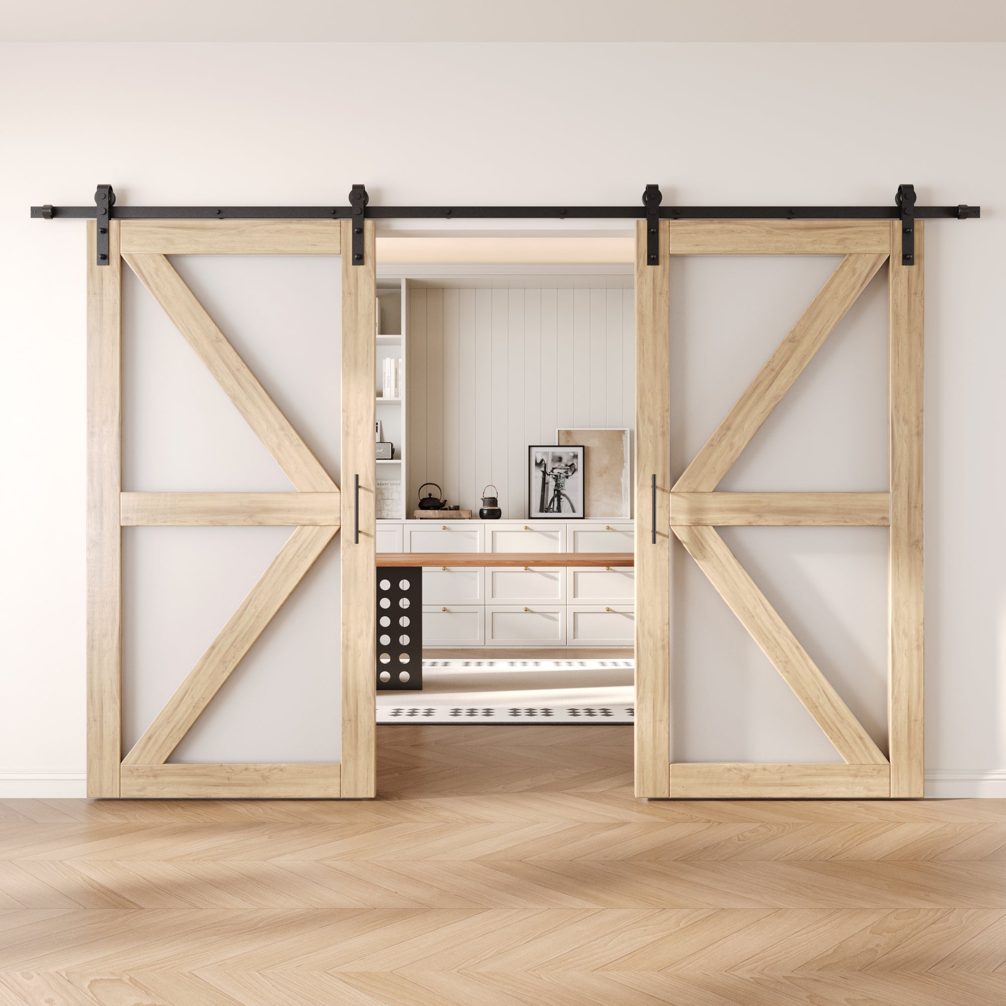 80" Height Frosted Glass Arrow Design Double Unassembled & Unfinished Pine Wood Barn Doors with Non-Bypass Installation Hardware Kit (Interior Use Only)