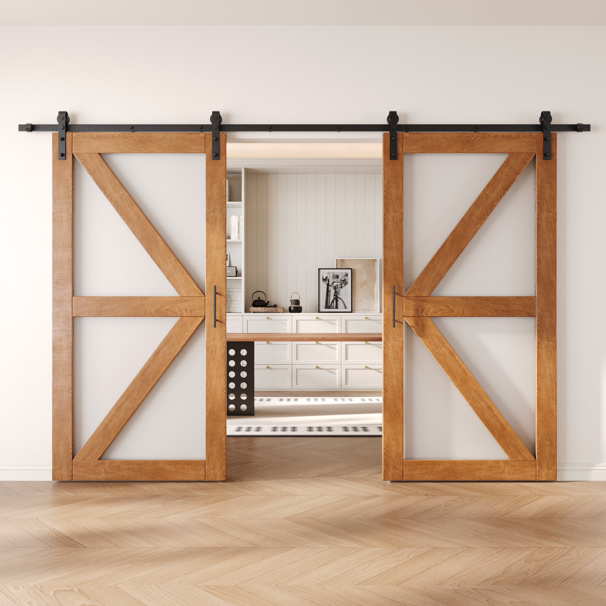 80" Height Early American Frosted Glass Arrow Design Double Unassembled & Finished Pine Wood Barn Doors with Non-Bypass Installation Hardware Kit (Interior Use Only)