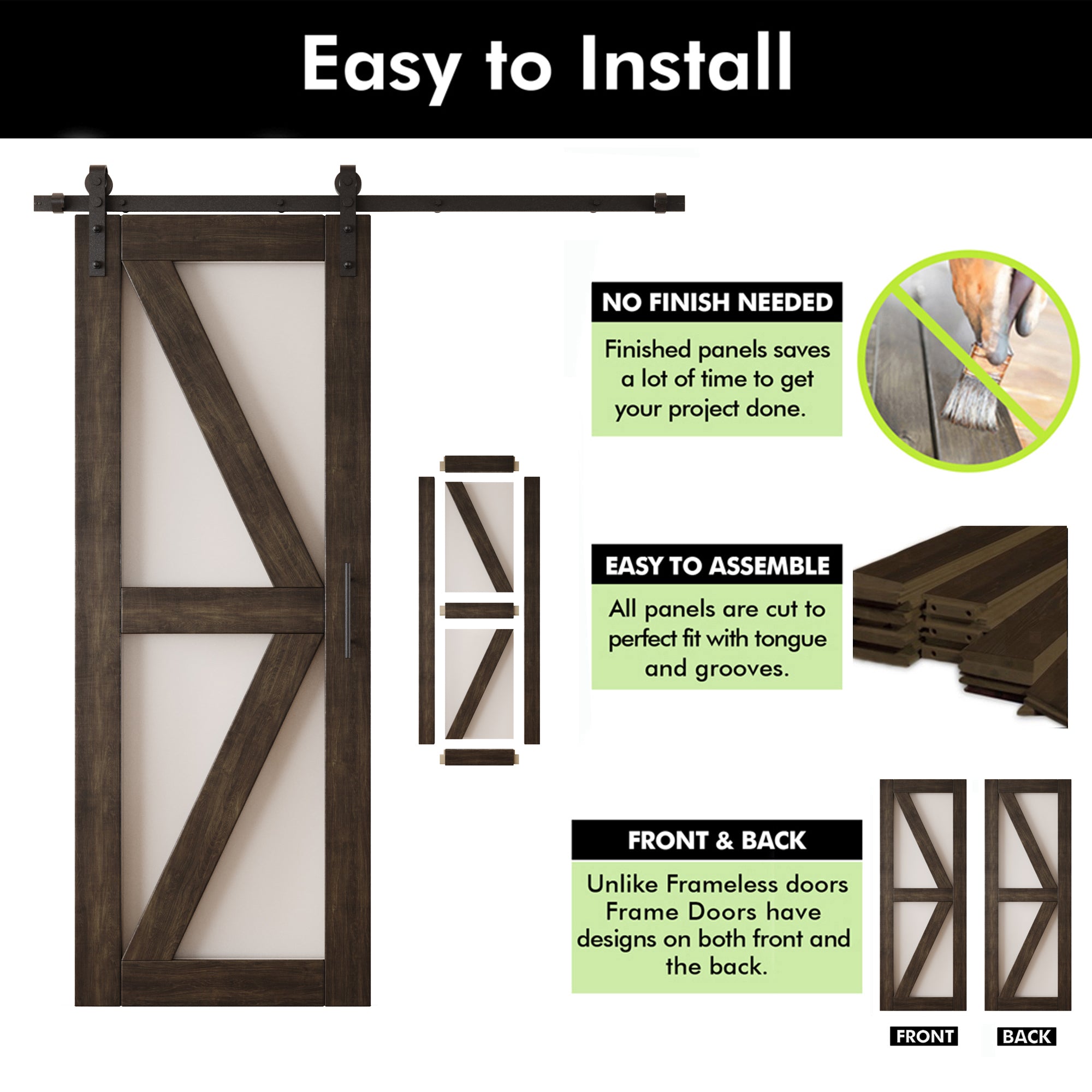 80" Height Ebony Frosted Glass Arrow Design Double Unassembled & Finished Pine Wood Barn Doors with Non-Bypass Installation Hardware Kit (Interior Use Only)