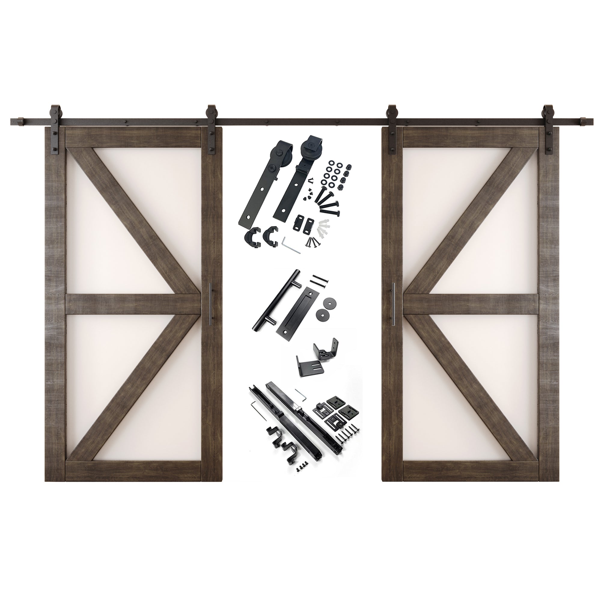 80" Height Ebony Frosted Glass Arrow Design Double Unassembled & Finished Pine Wood Barn Doors with Non-Bypass Installation Hardware Kit (Interior Use Only)