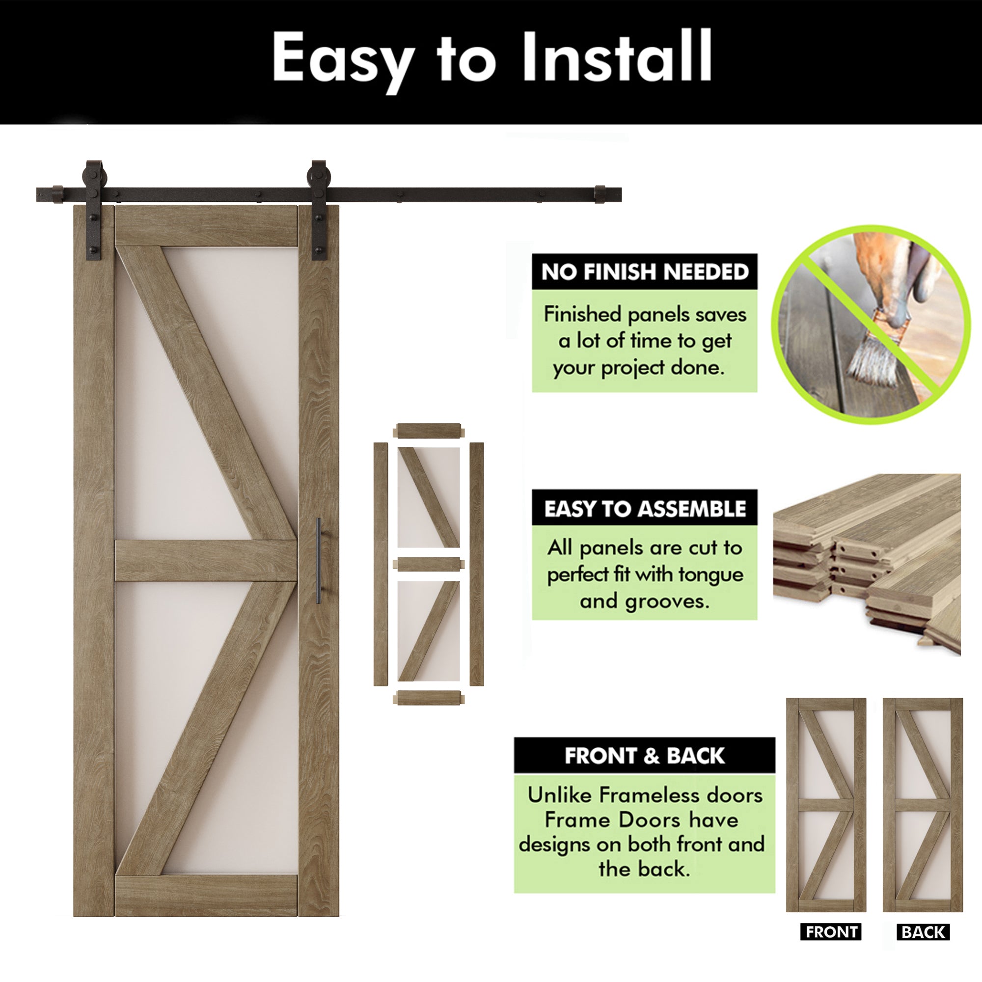 80" Height Classic Gray Arrow Pattern Glass Double Unassembled & Finished Pine Wood Barn Doors with Non-Bypass Installation Hardware Kit (Interior Use Only)
