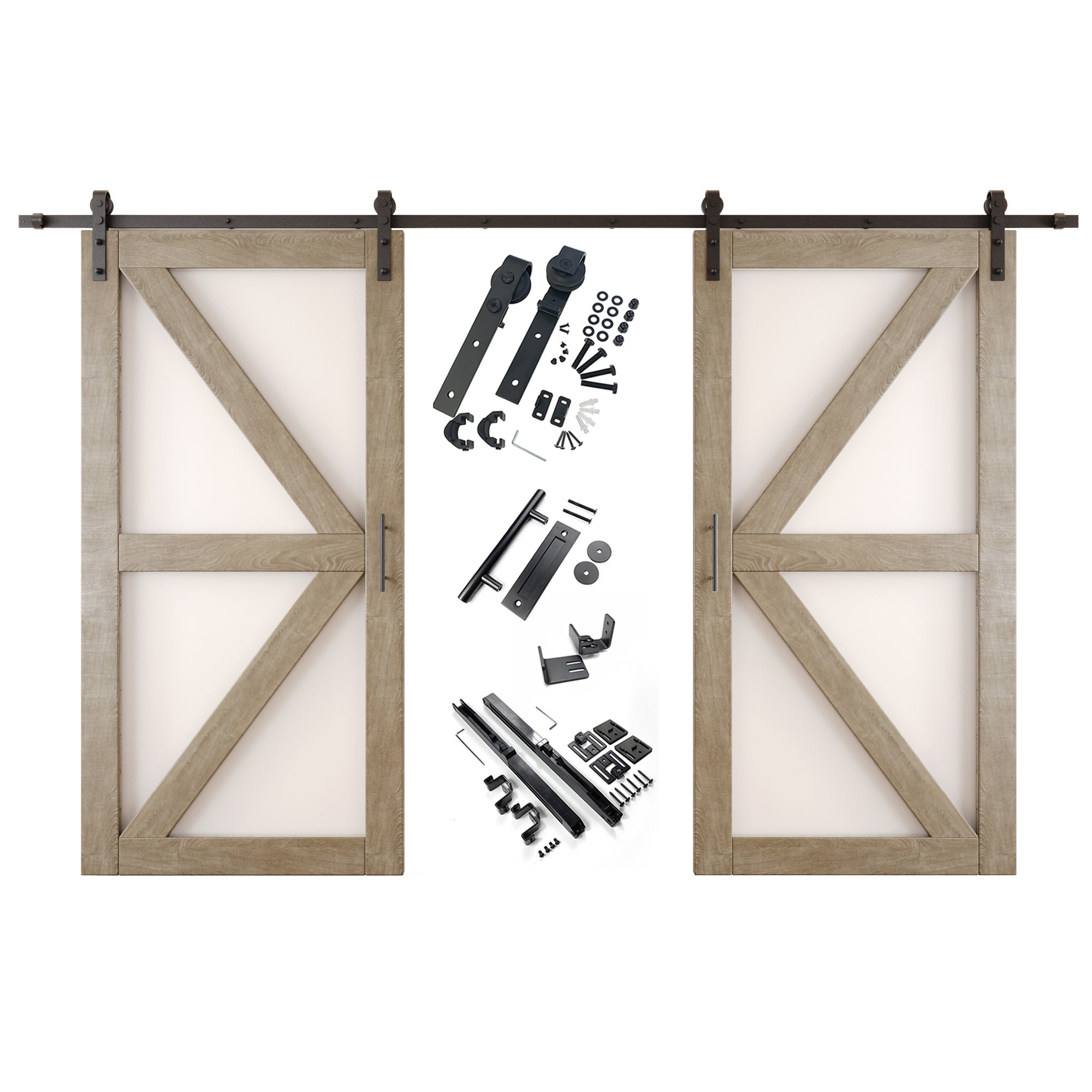 80" Height Classic Gray Frosted Glass Arrow Design Double Unassembled & Finished Pine Wood Barn Doors with Non-Bypass Installation Hardware Kit (Interior Use Only)