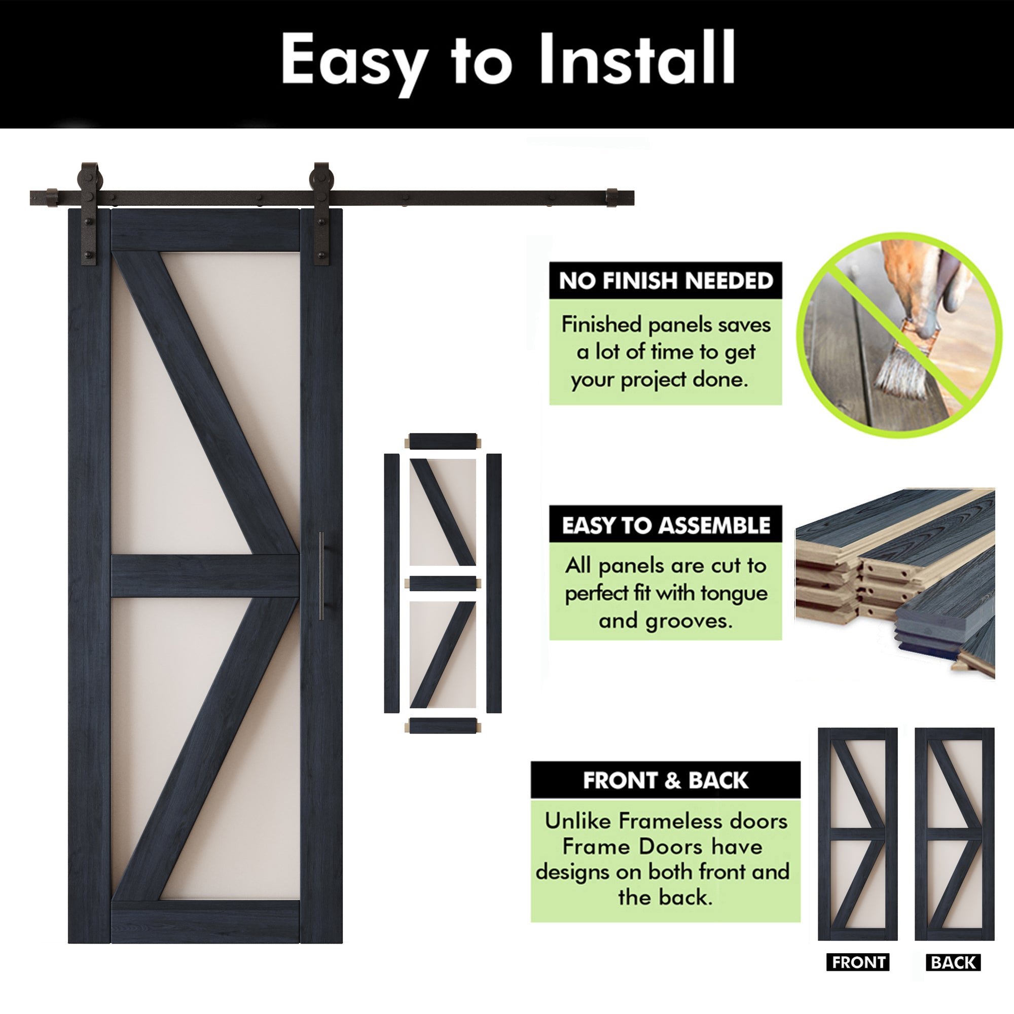 80" Height Navy Arrow Pattern Glass Double Unassembled & Finished Pine Wood Barn Doors with Non-Bypass Installation Hardware Kit (Interior Use Only)