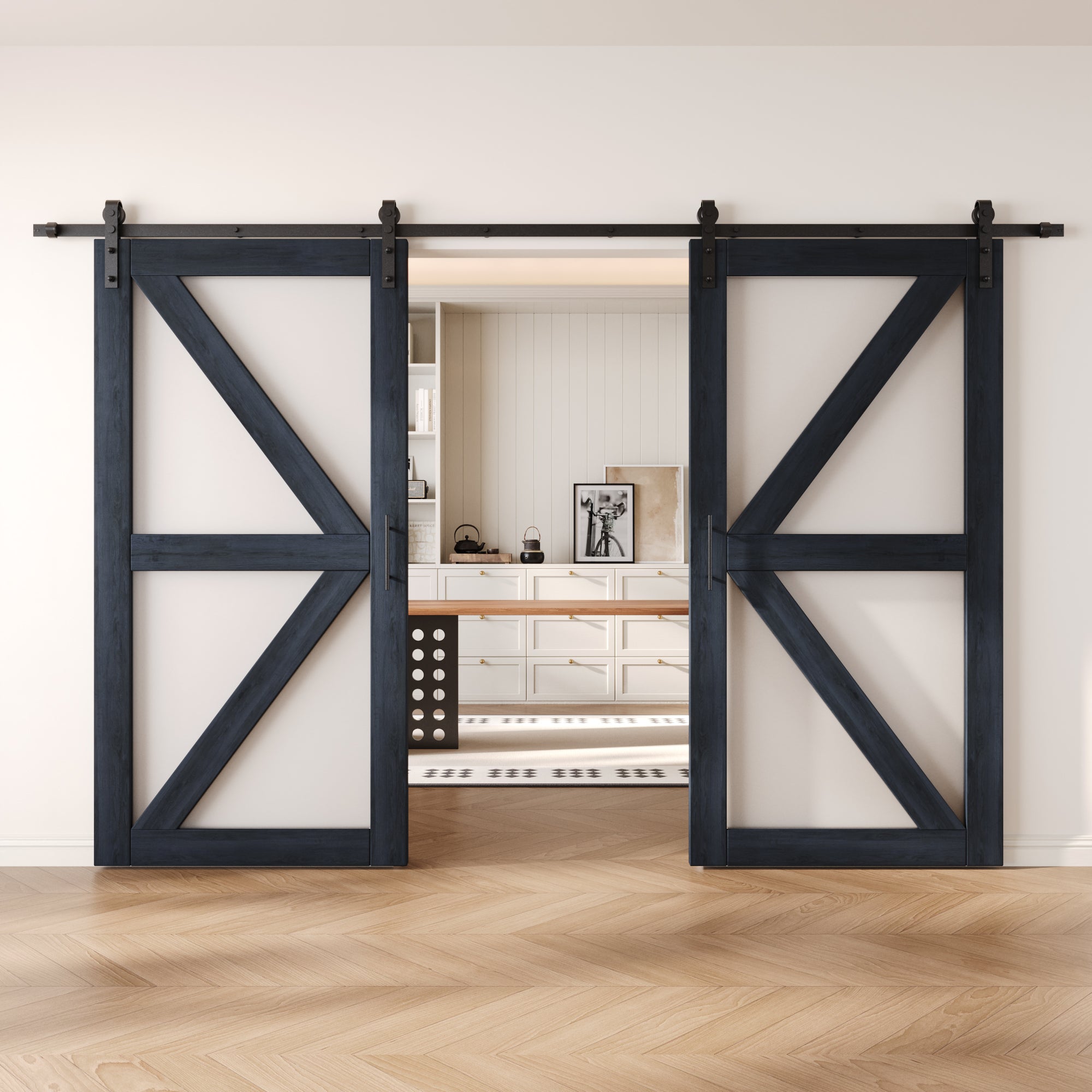 80" Height Navy Frosted Glass Arrow Design Double Unassembled & Finished Pine Wood Barn Doors with Non-Bypass Installation Hardware Kit (Interior Use Only)