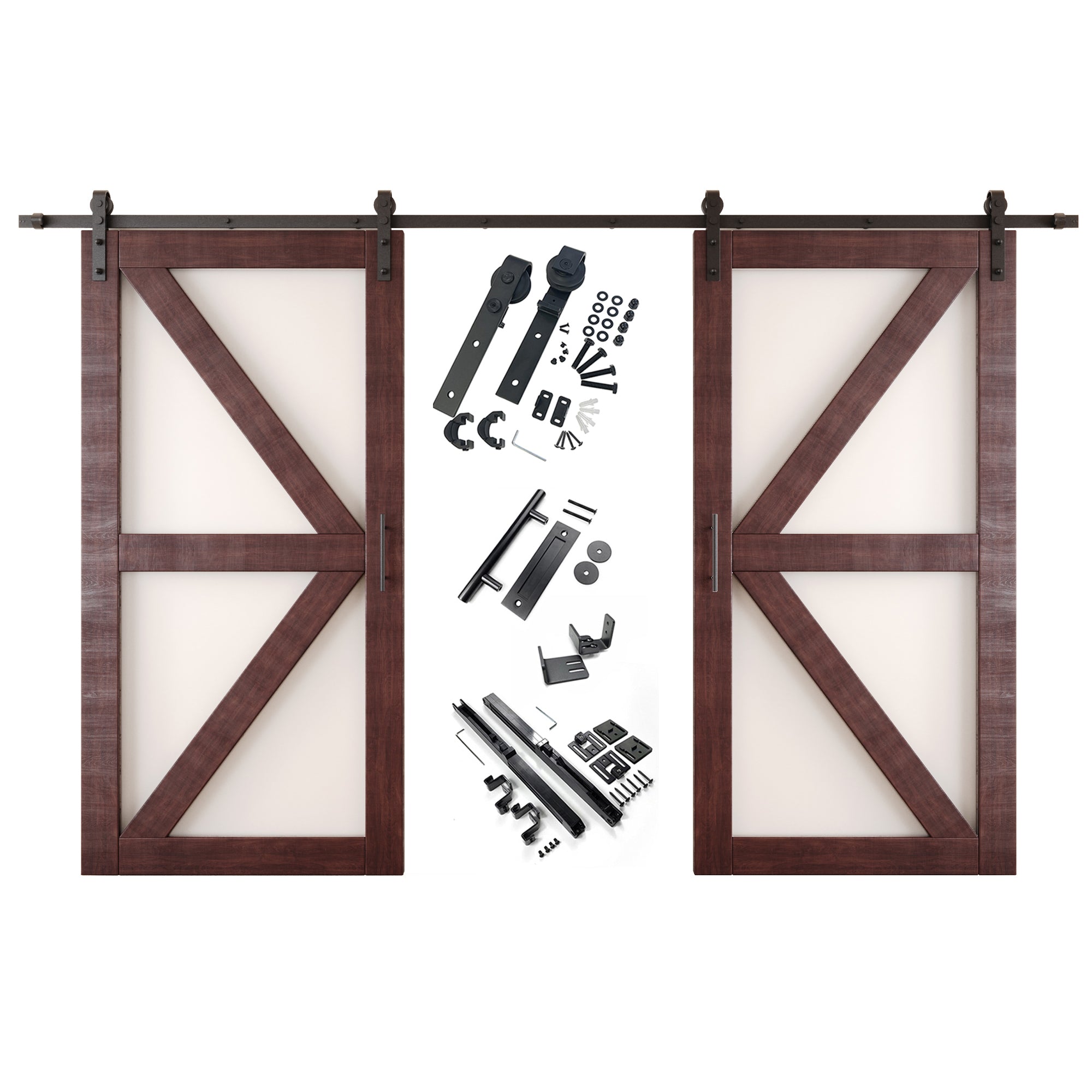 80" Height Red Mahogany Frosted Glass Arrow Design Double Unassembled & Finished Pine Wood Barn Doors with Non-Bypass Installation Hardware Kit (Interior Use Only)