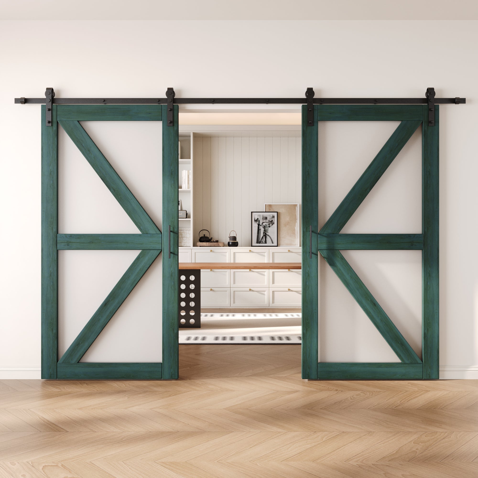 80" Height Royal Pine Frosted Glass Arrow Design Double Unassembled & Finished Pine Wood Barn Doors with Non-Bypass Installation Hardware Kit (Interior Use Only)