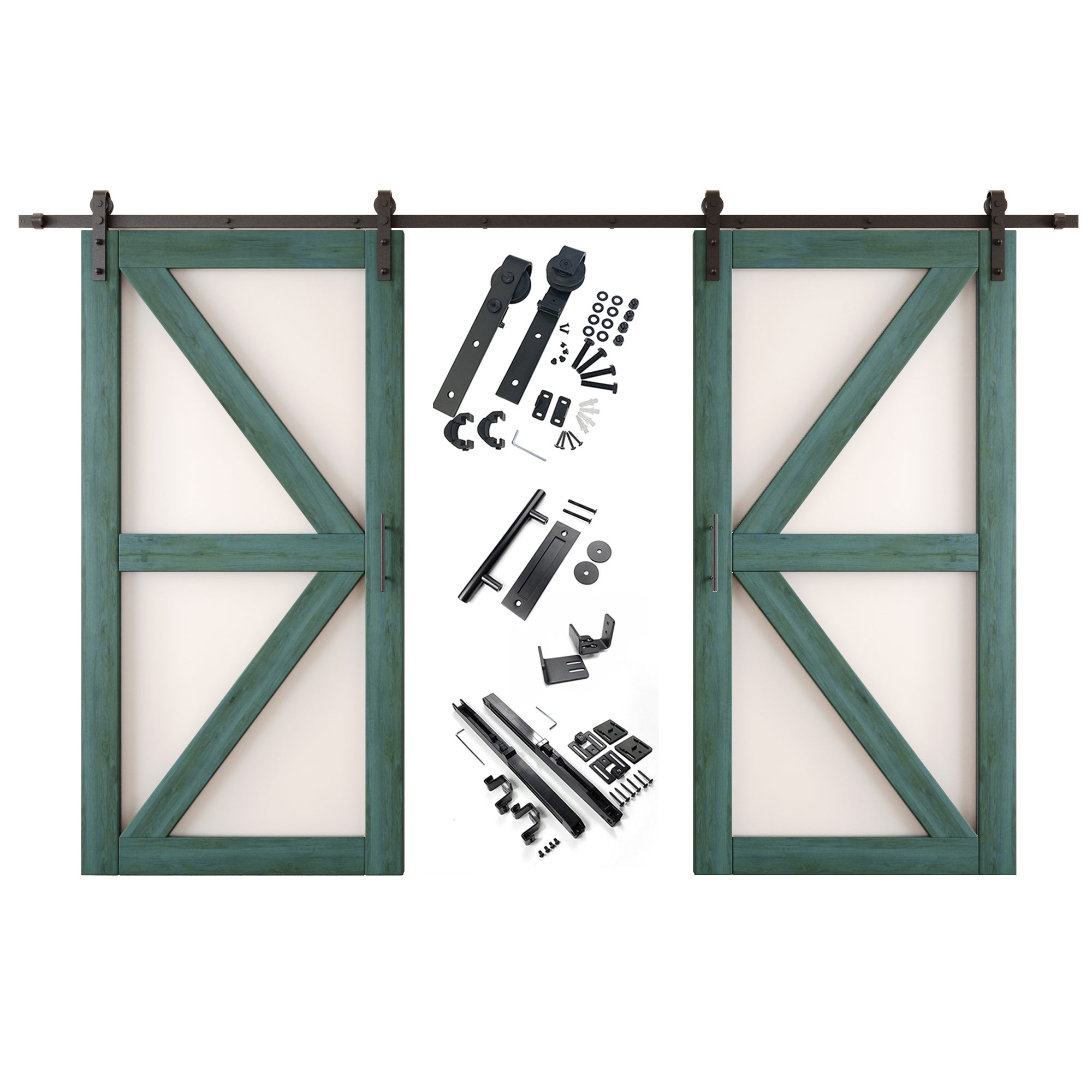 80" Height Royal Pine Frosted Glass Arrow Design Double Unassembled & Finished Pine Wood Barn Doors with Non-Bypass Installation Hardware Kit (Interior Use Only)